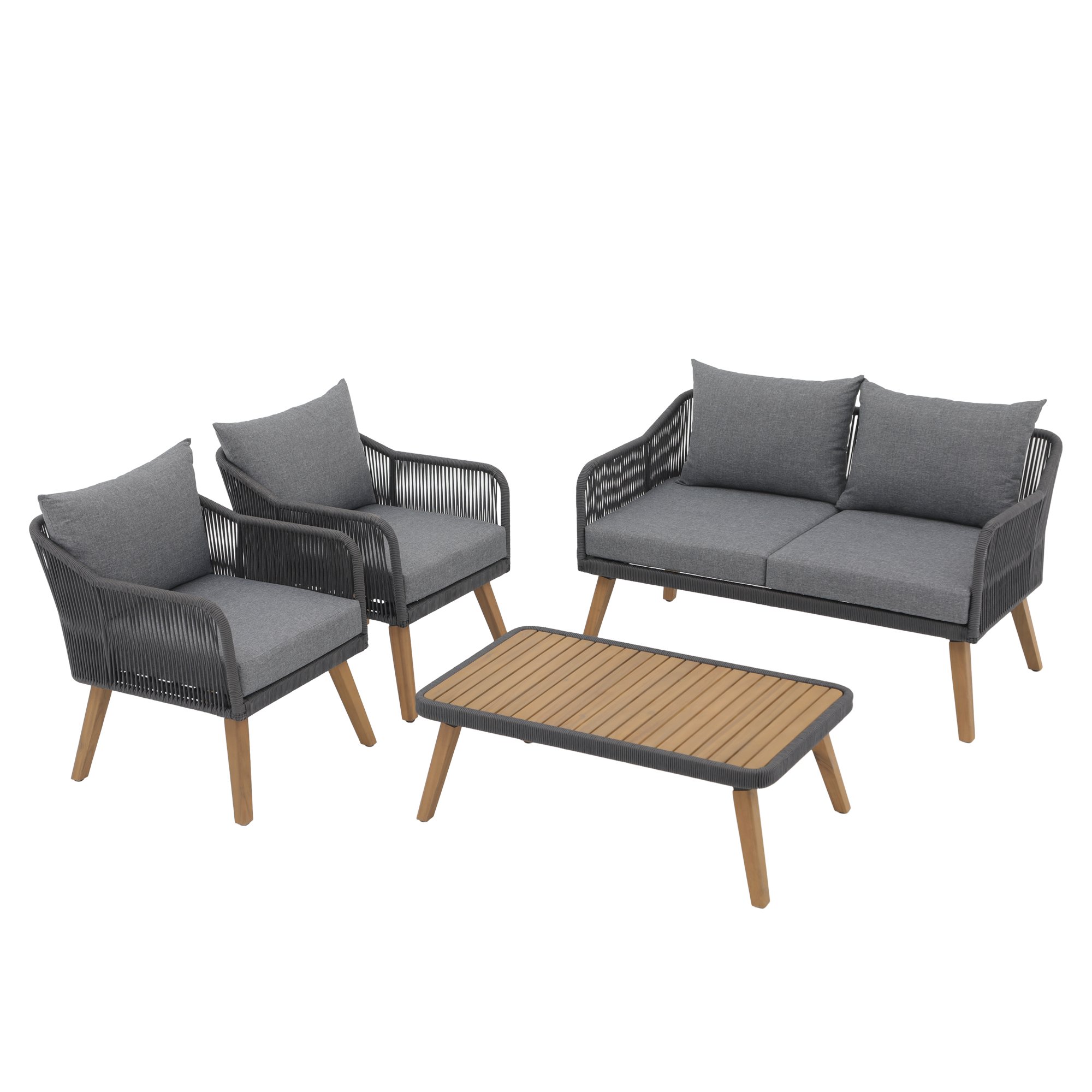 4pc Outdoor Wood Sofa Set, Patio Deep Seating Set, Cream, Rope design, Natural Wood