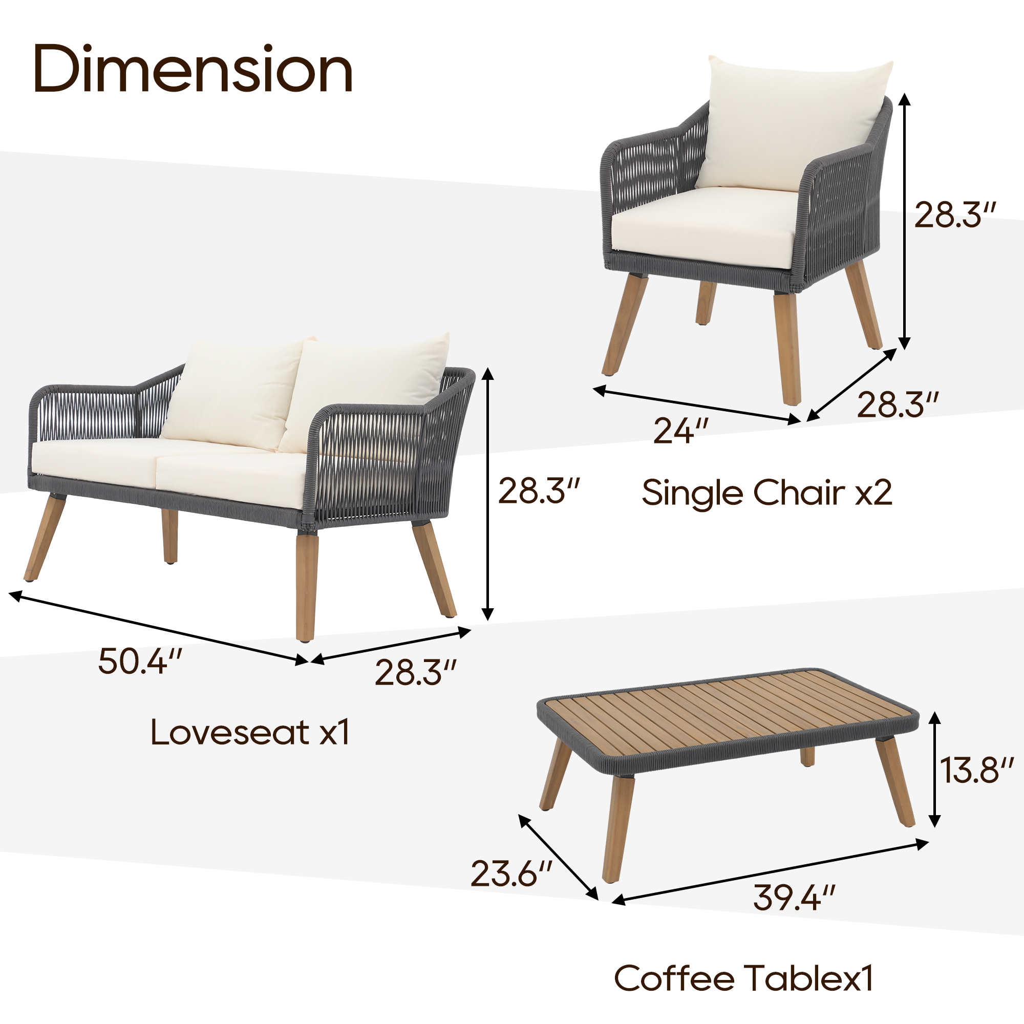 4pc Outdoor Wood Sofa Set, Patio Deep Seating Set, Cream, Rope design, Natural Wood