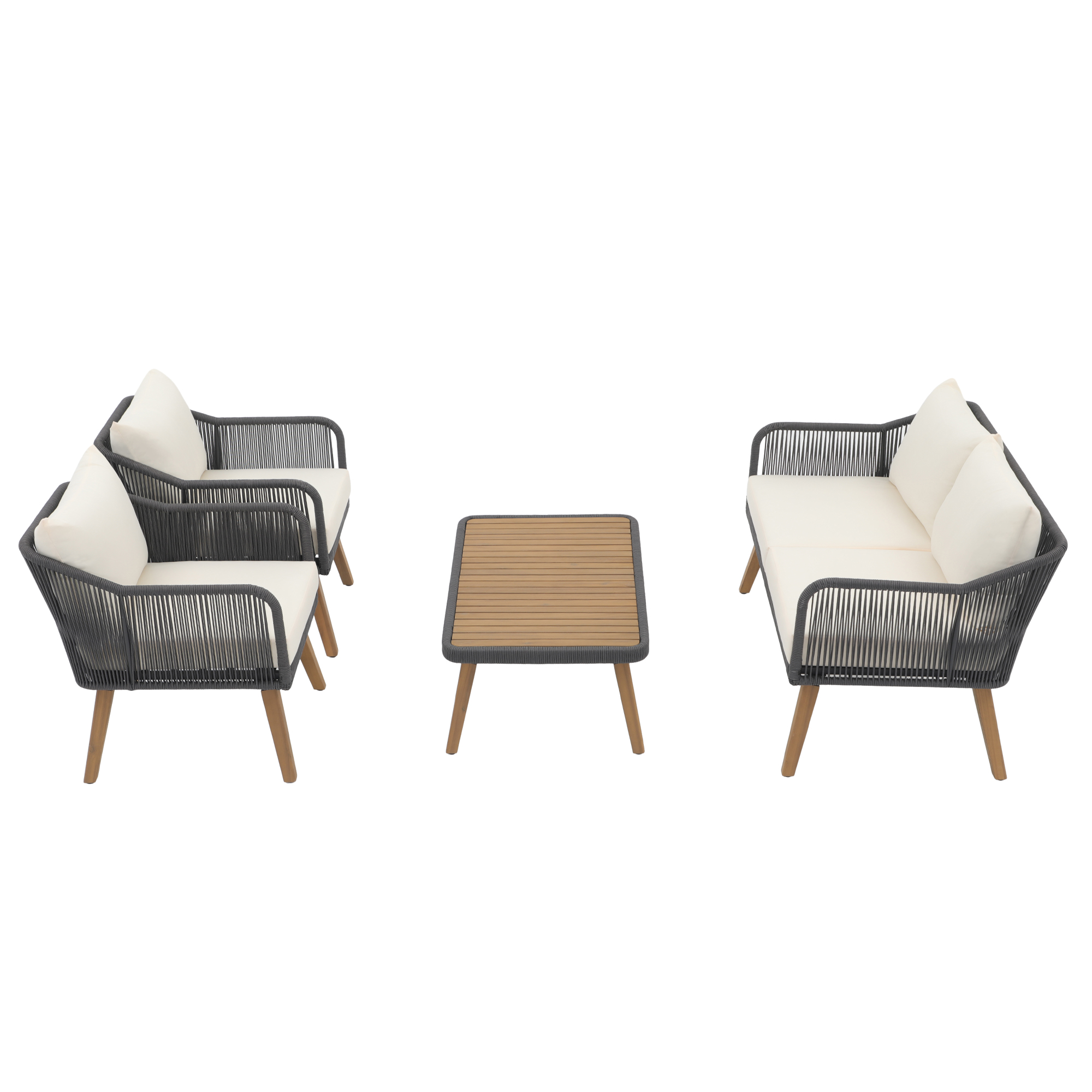 4pc Outdoor Wood Sofa Set, Patio Deep Seating Set, Cream, Rope design, Natural Wood