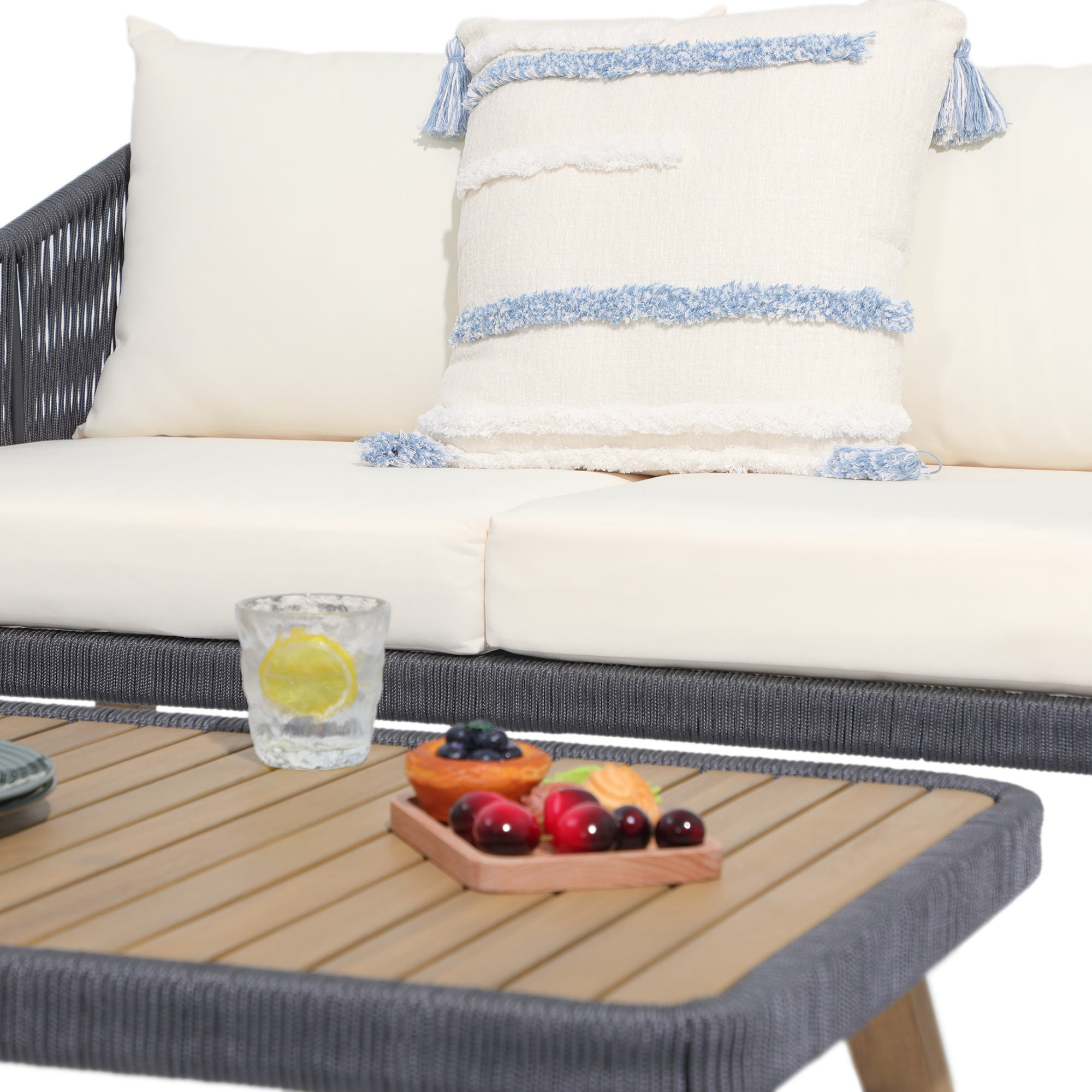 4pc Outdoor Wood Sofa Set, Patio Deep Seating Set, Cream, Rope design, Natural Wood