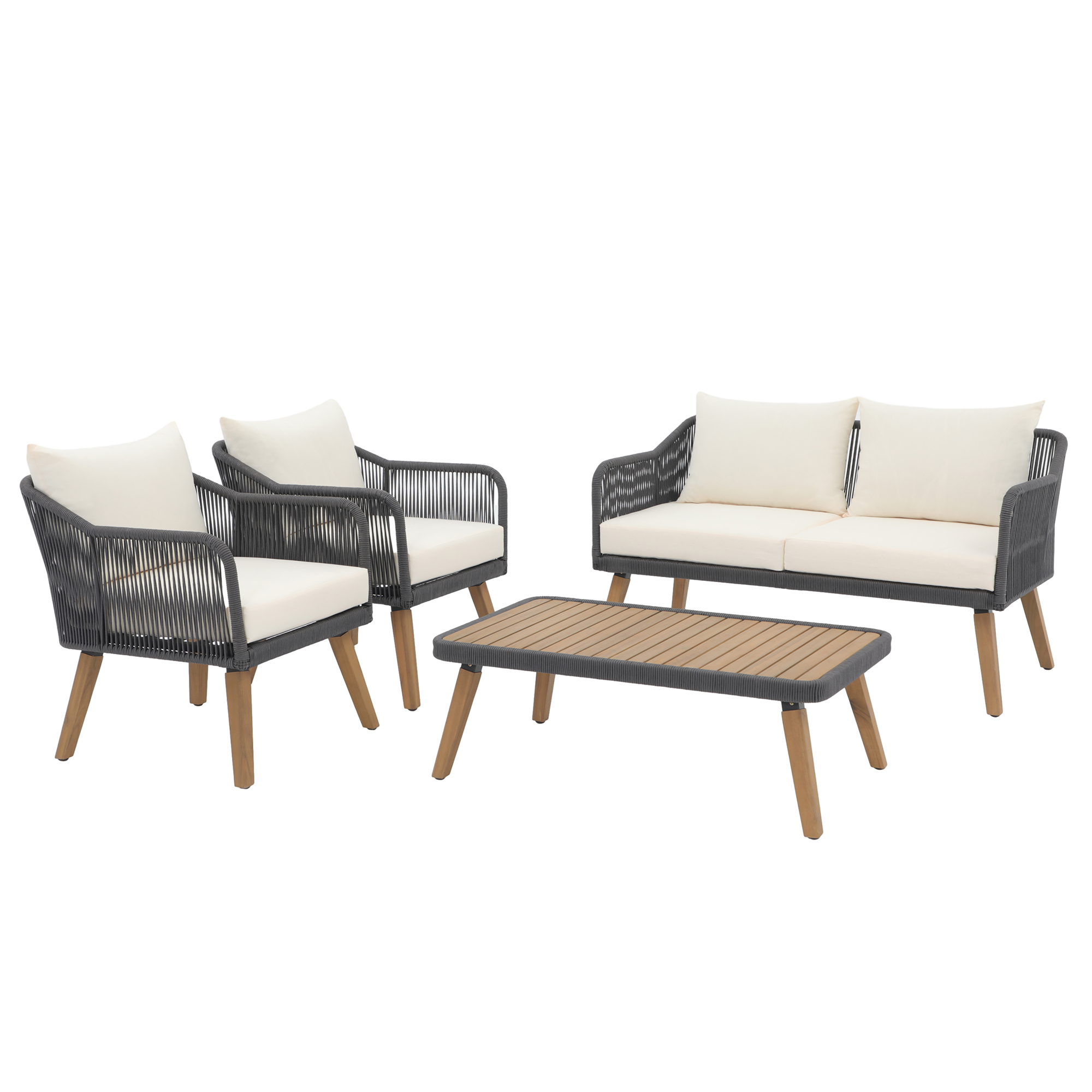 4pc Outdoor Wood Sofa Set, Patio Deep Seating Set, Cream, Rope design, Natural Wood