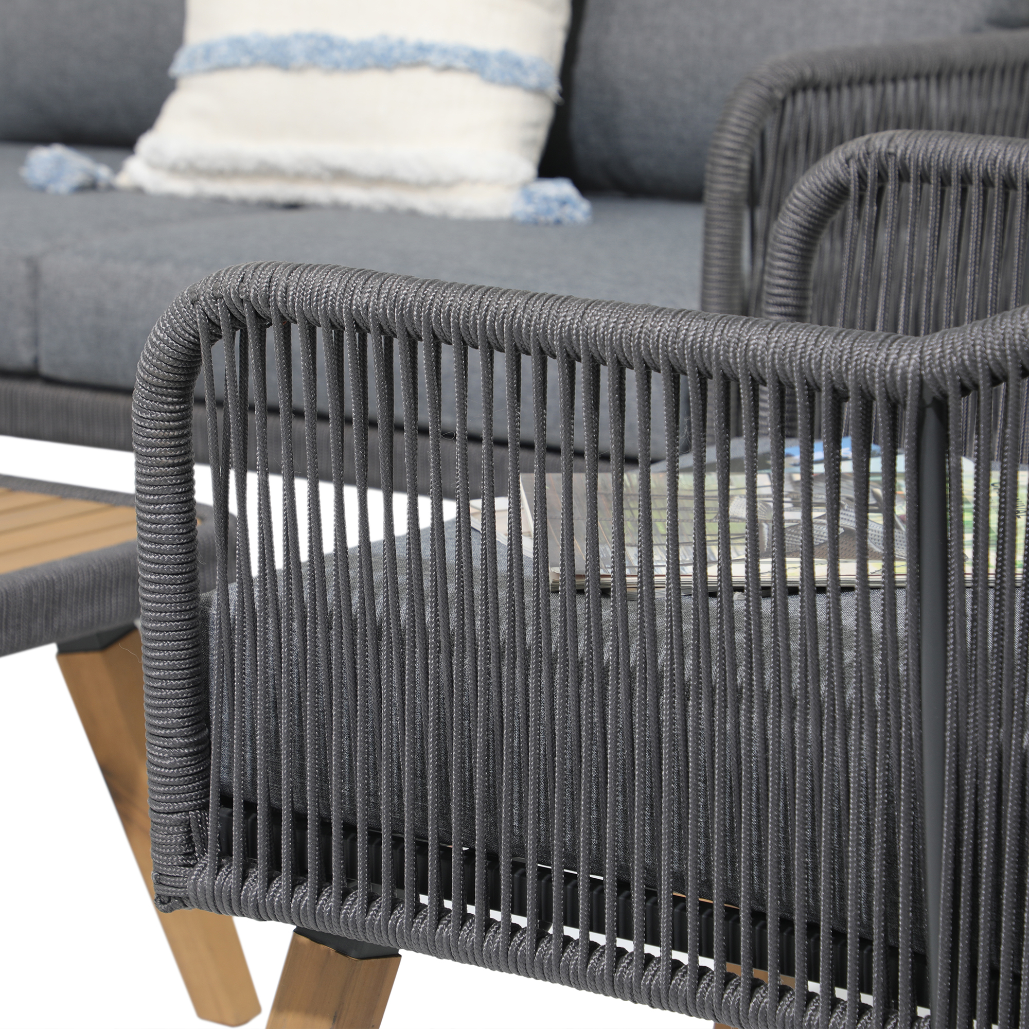 4pc Outdoor Wood Sofa Set, Patio Deep Seating Set, Cream, Rope design, Natural Wood