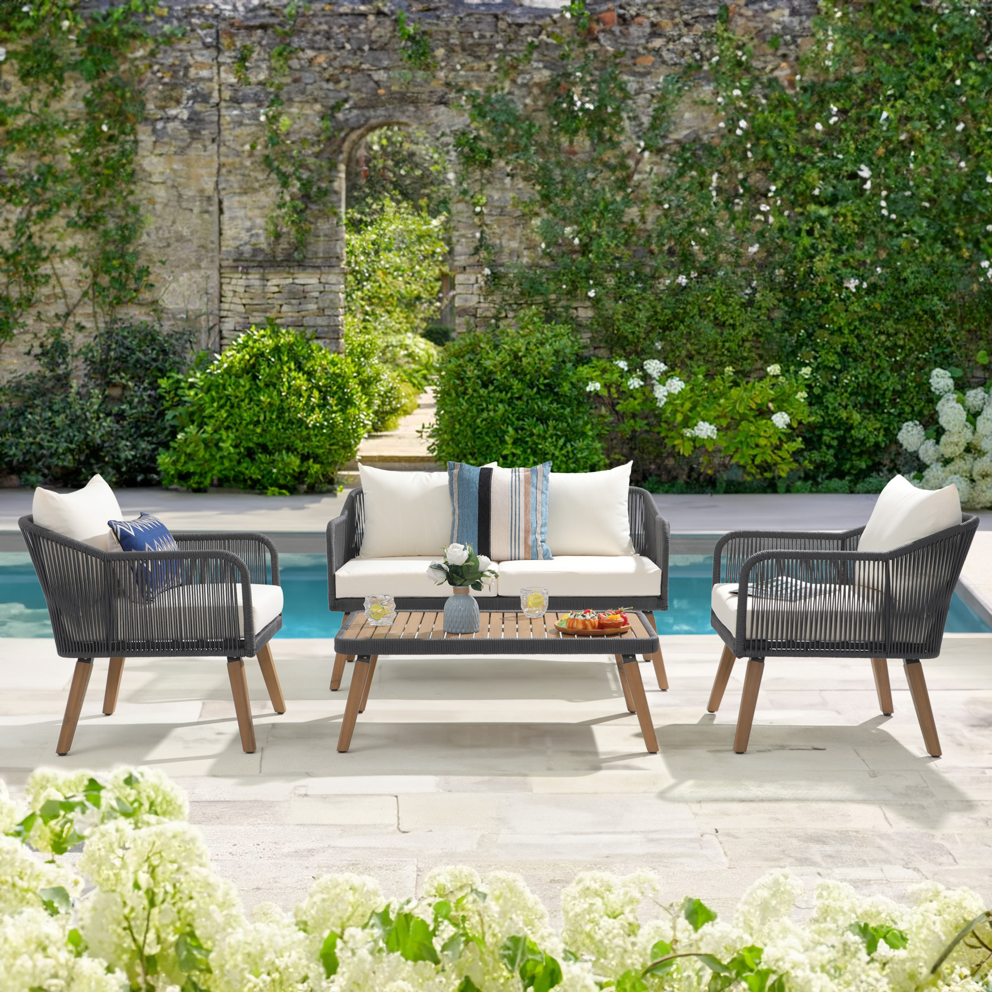 4pc Outdoor Wood Sofa Set, Patio Deep Seating Set, Cream, Rope design, Natural Wood