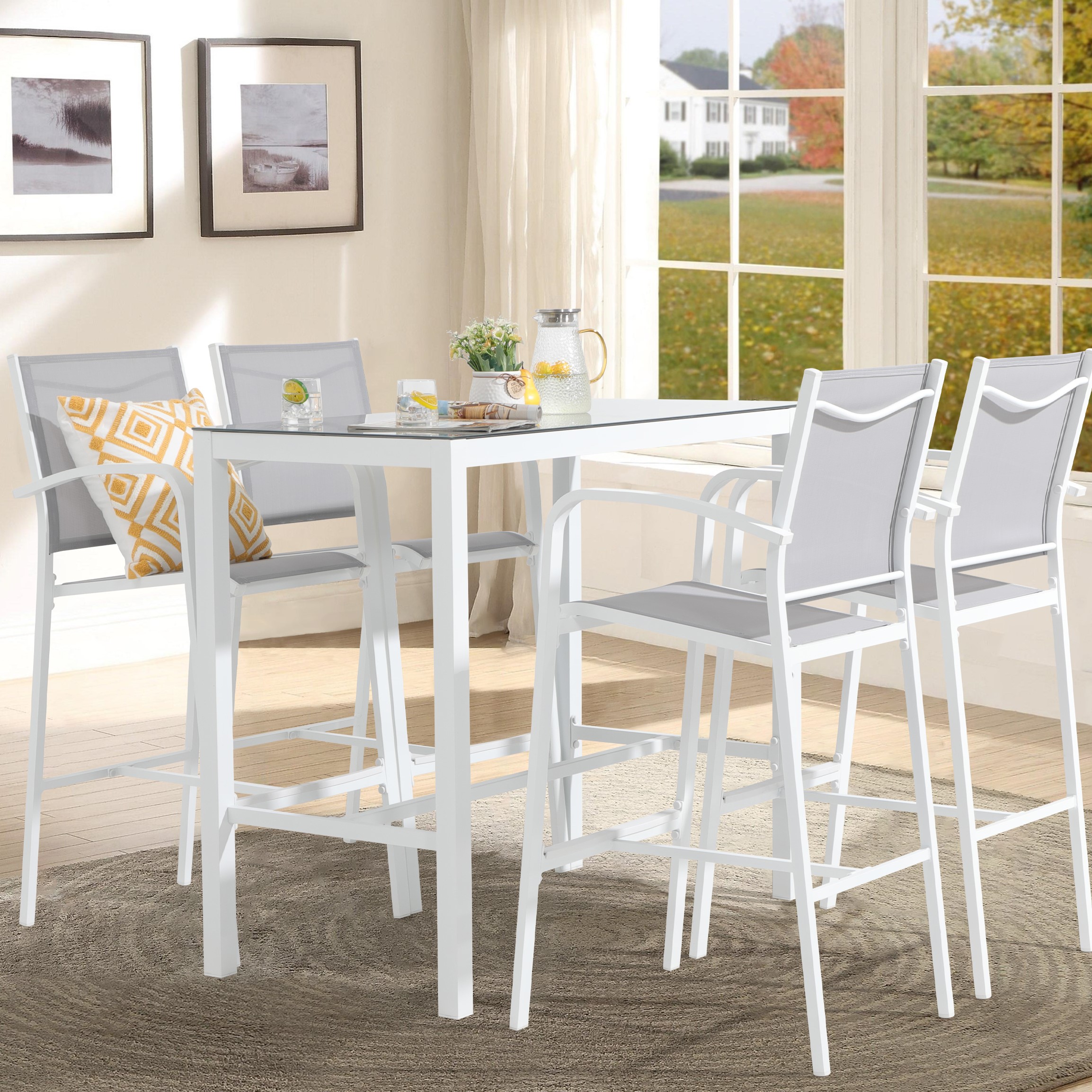 5 pcs Aluminum Patio Bar Set, Outdoor Bar Height Dining Table and Chairs