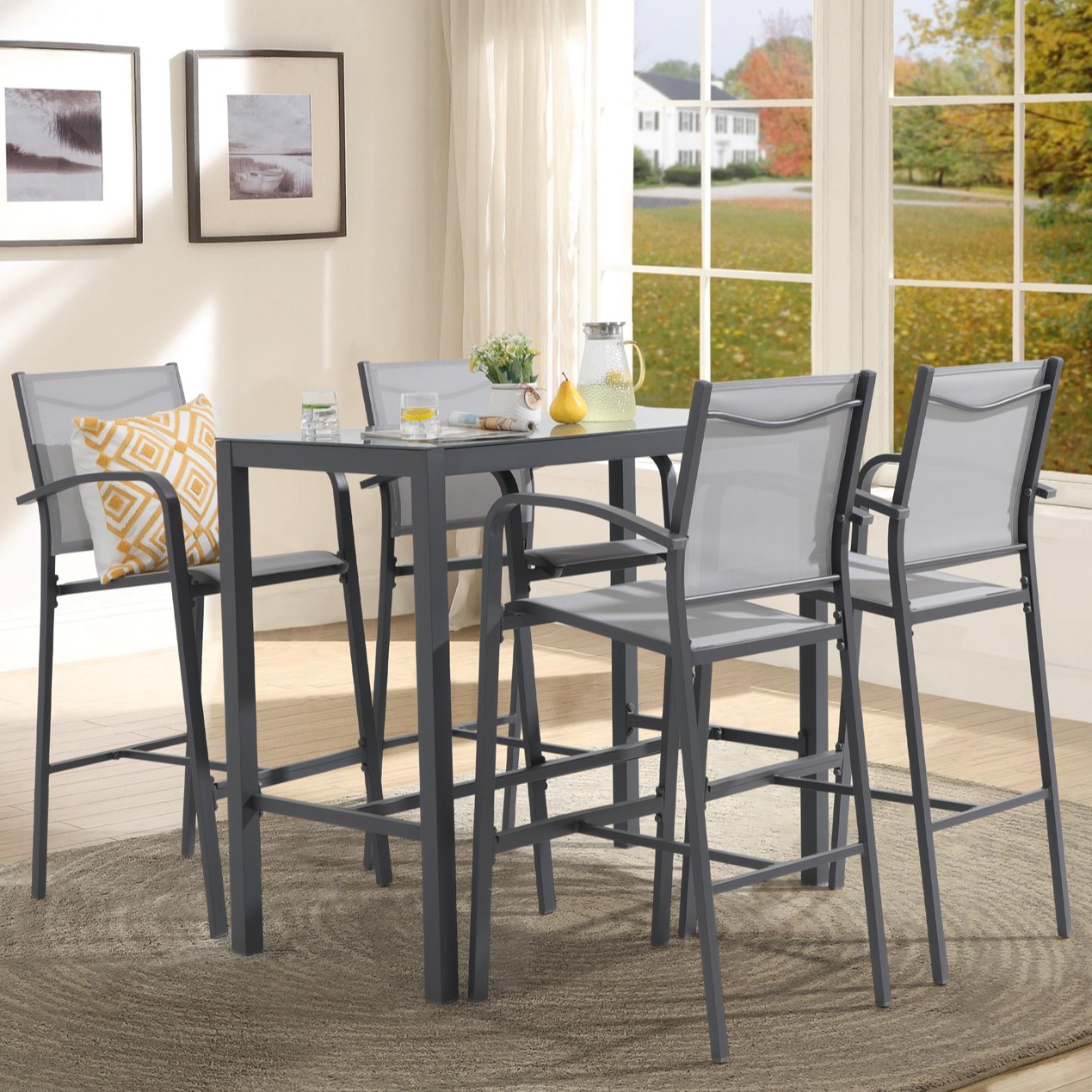 5 pcs Aluminum Patio Bar Set, Outdoor Bar Height Dining Table and Chairs