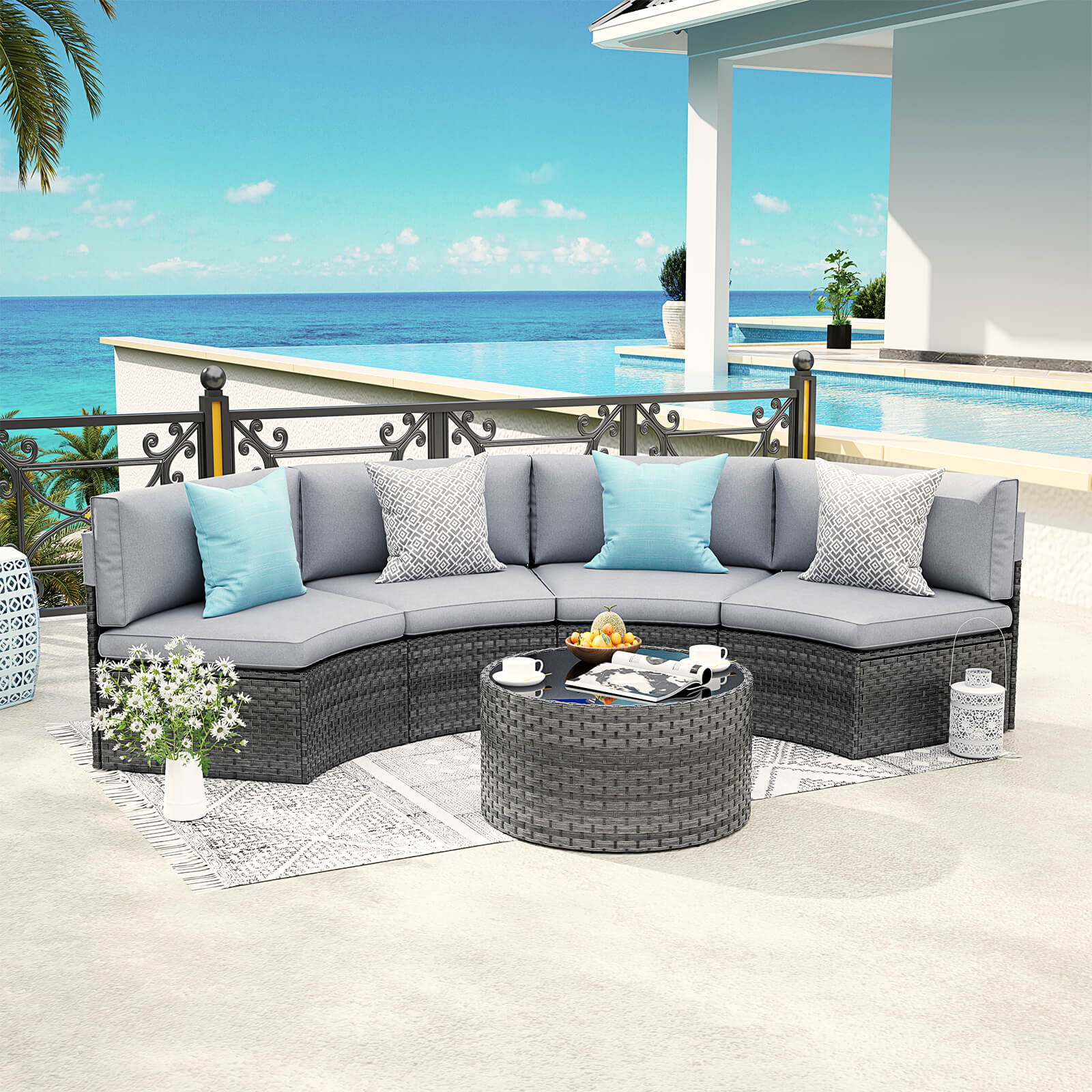 5pcs Outdoor Curved Sofas Wicker Half-Moon Sectional Set, 4 Colors