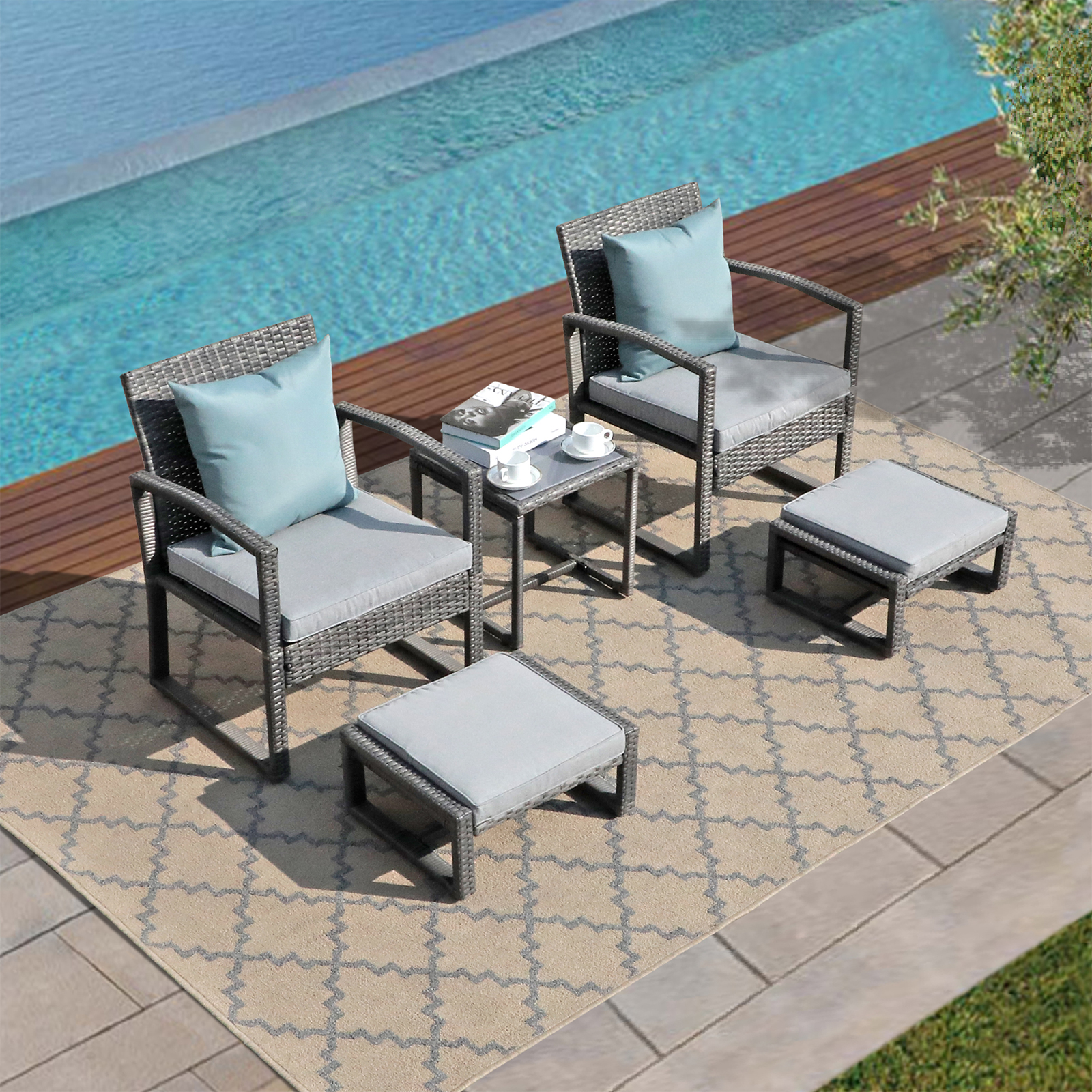 5pcs Patio Bistro Set Wicker Outdoor Furniture Conversation Set With Ottomans