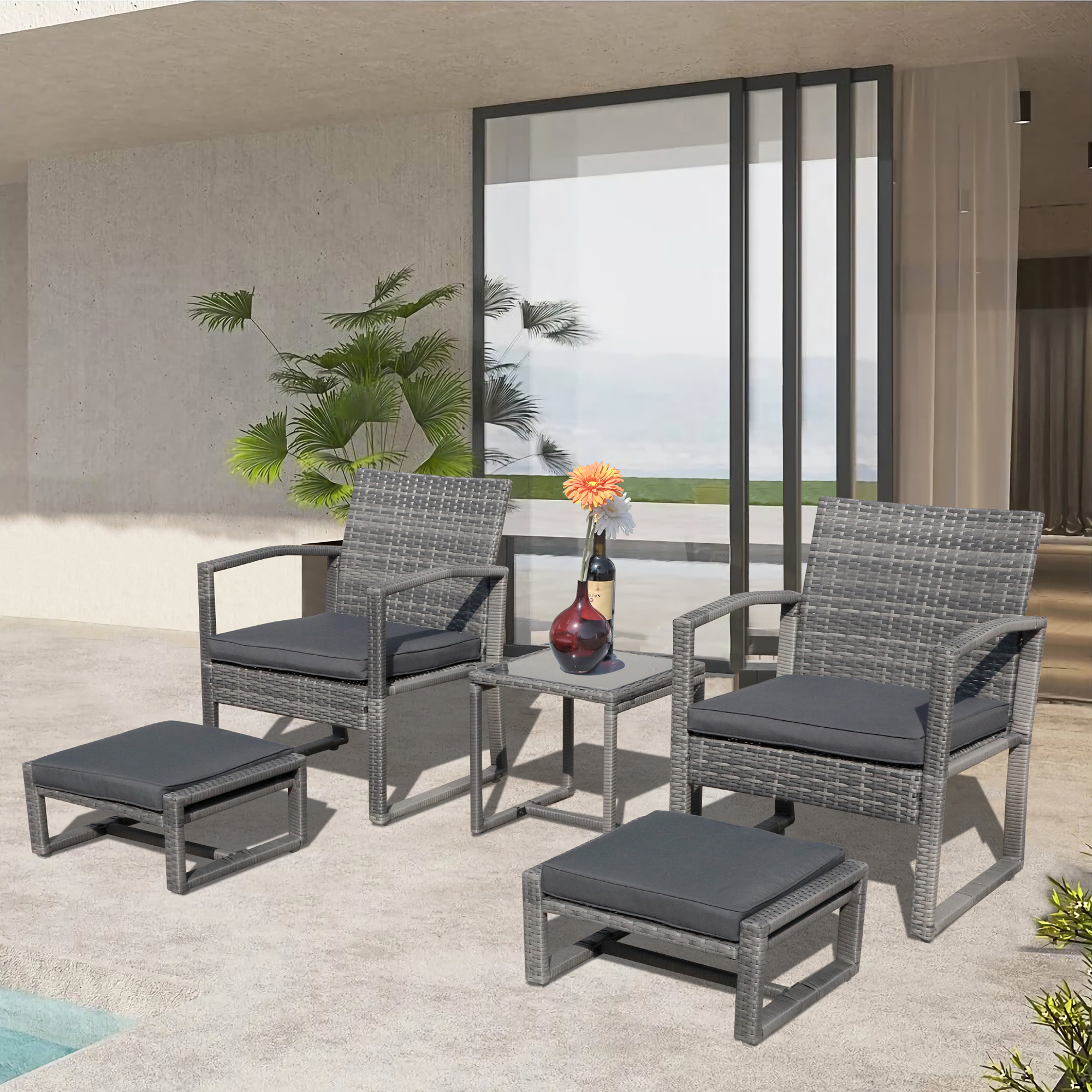 5pcs Patio Bistro Set Wicker Outdoor Furniture Conversation Set With Ottomans