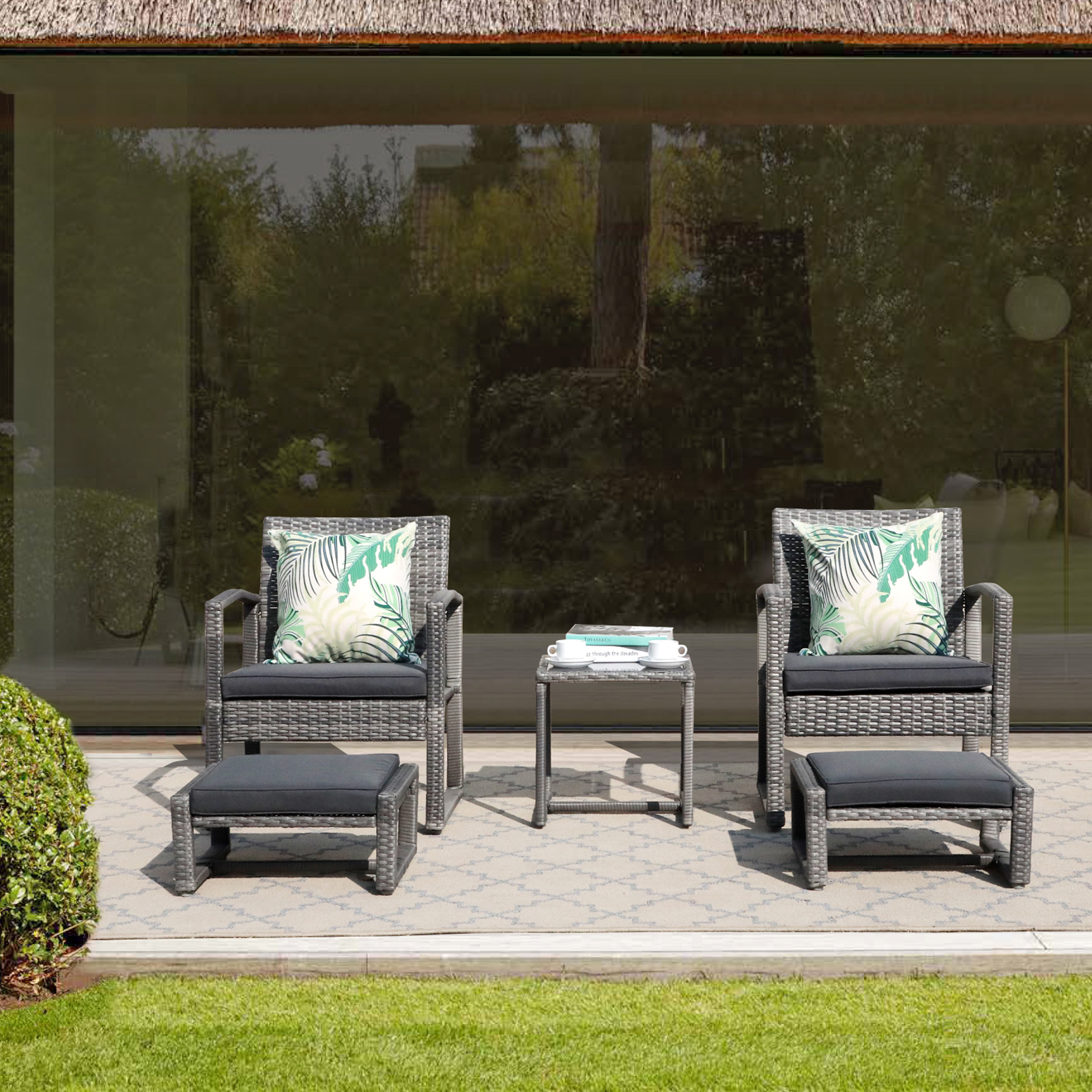 5pcs Patio Bistro Set Wicker Outdoor Furniture Conversation Set With Ottomans