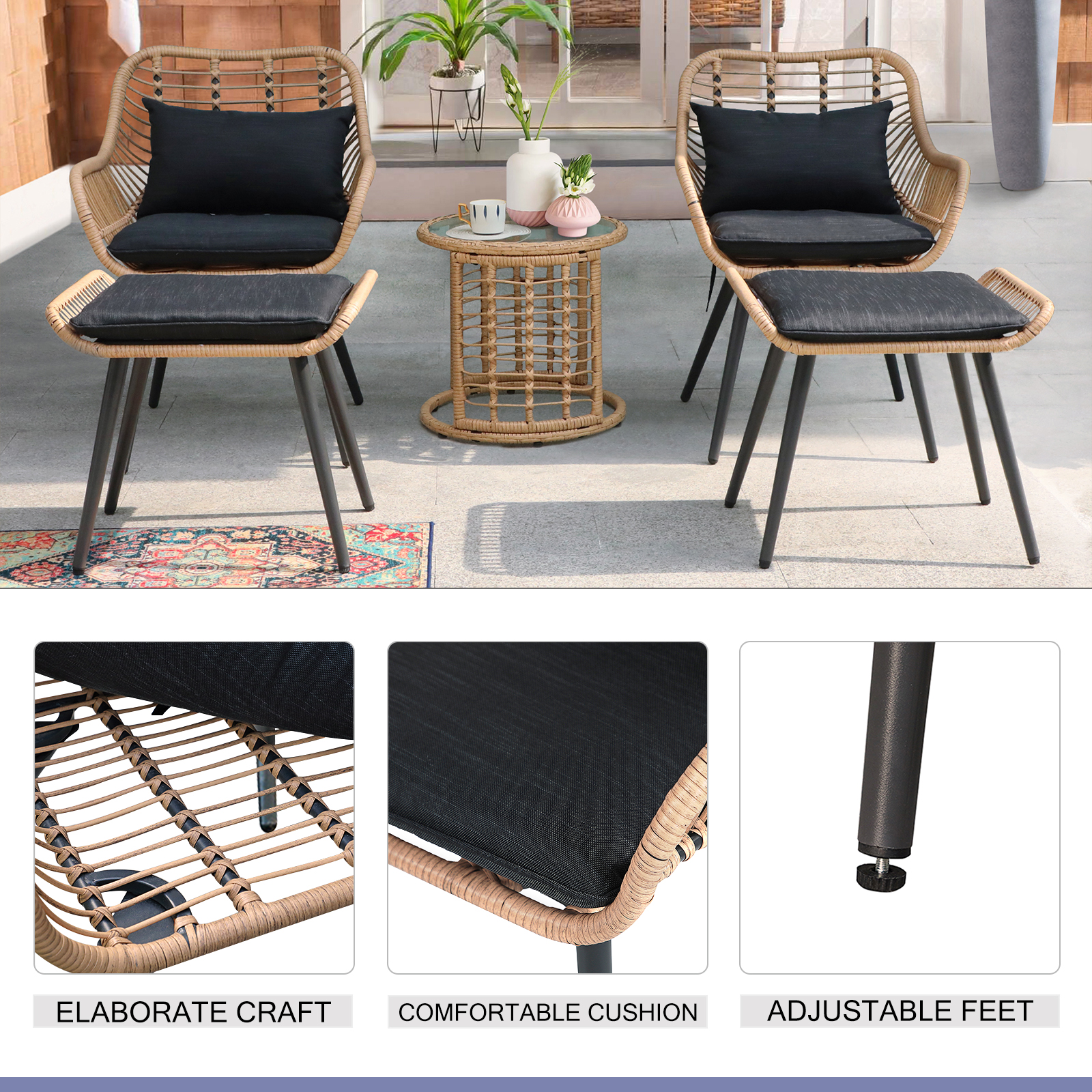 5pcs Wicker Patio Bistro Set With Ottomans and Cushions, Boho Style Outdoor Conversation Set