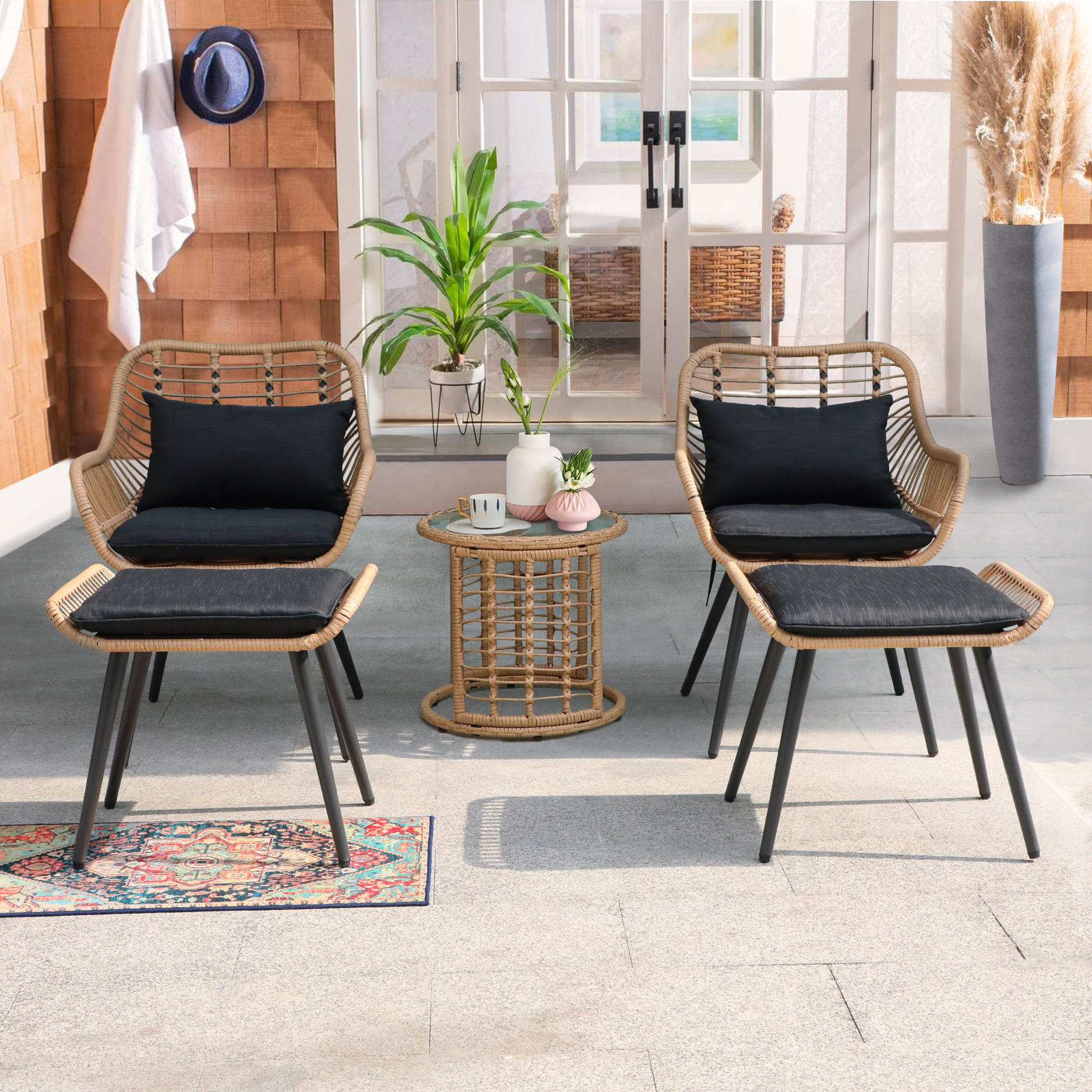 5pcs Wicker Patio Bistro Set With Ottomans and Cushions, Boho Style Outdoor Conversation Set