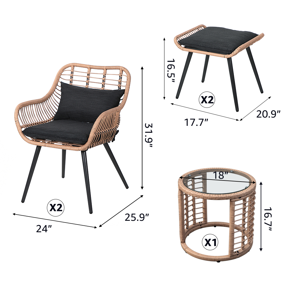 5pcs Wicker Patio Bistro Set With Ottomans and Cushions, Boho Style Outdoor Conversation Set