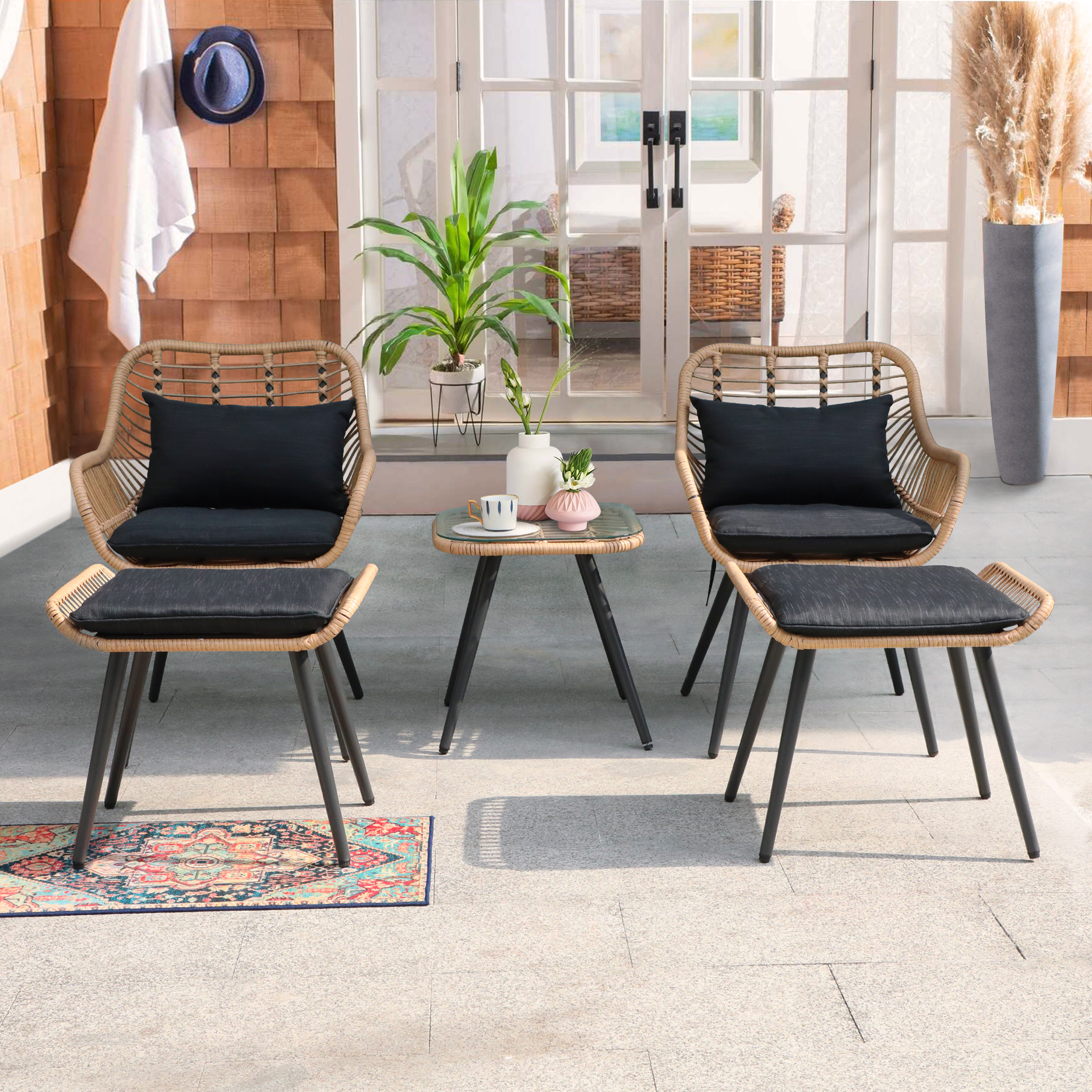 5pcs Wicker Patio Bistro Set With Ottomans and Cushions, Boho Style Outdoor Conversation Set