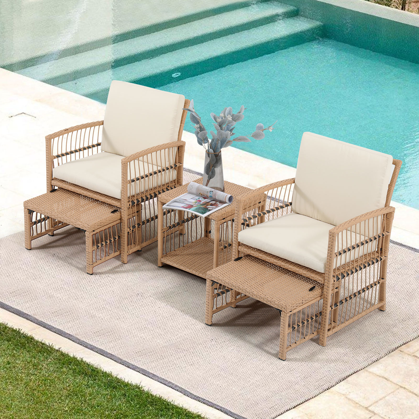 5Pcs Wicker Outdoor Chairs With Ottoman Underneath, Natural Rattan