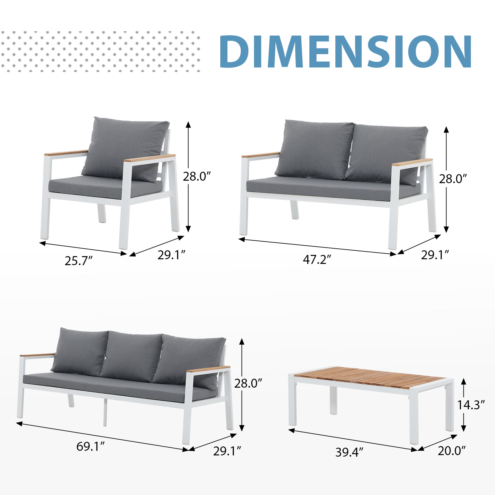 7 Seating Aluminum Patio Furniture Set with Teak Top Coffee Table