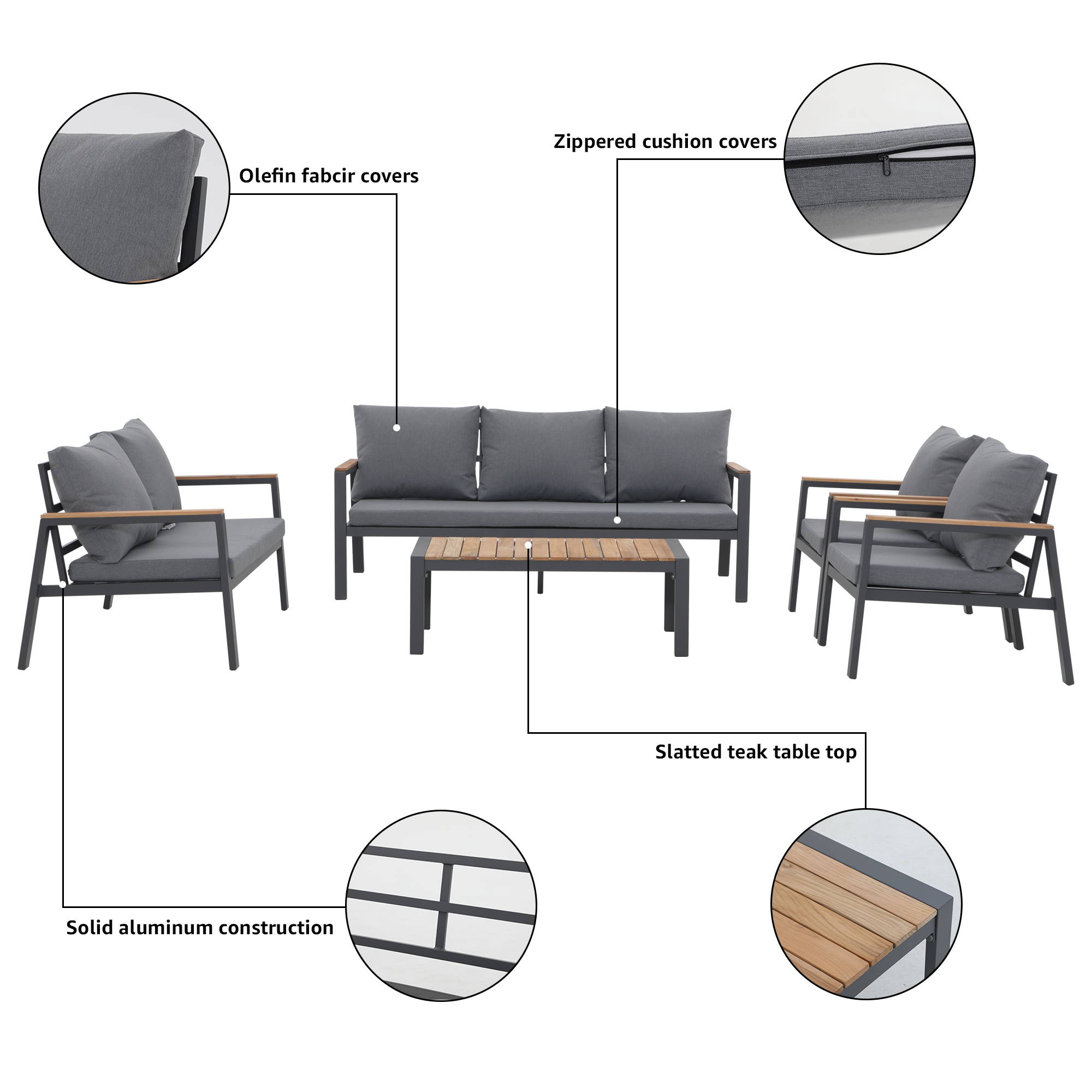 7 Seating Aluminum Patio Furniture Set with Teak Top Coffee Table