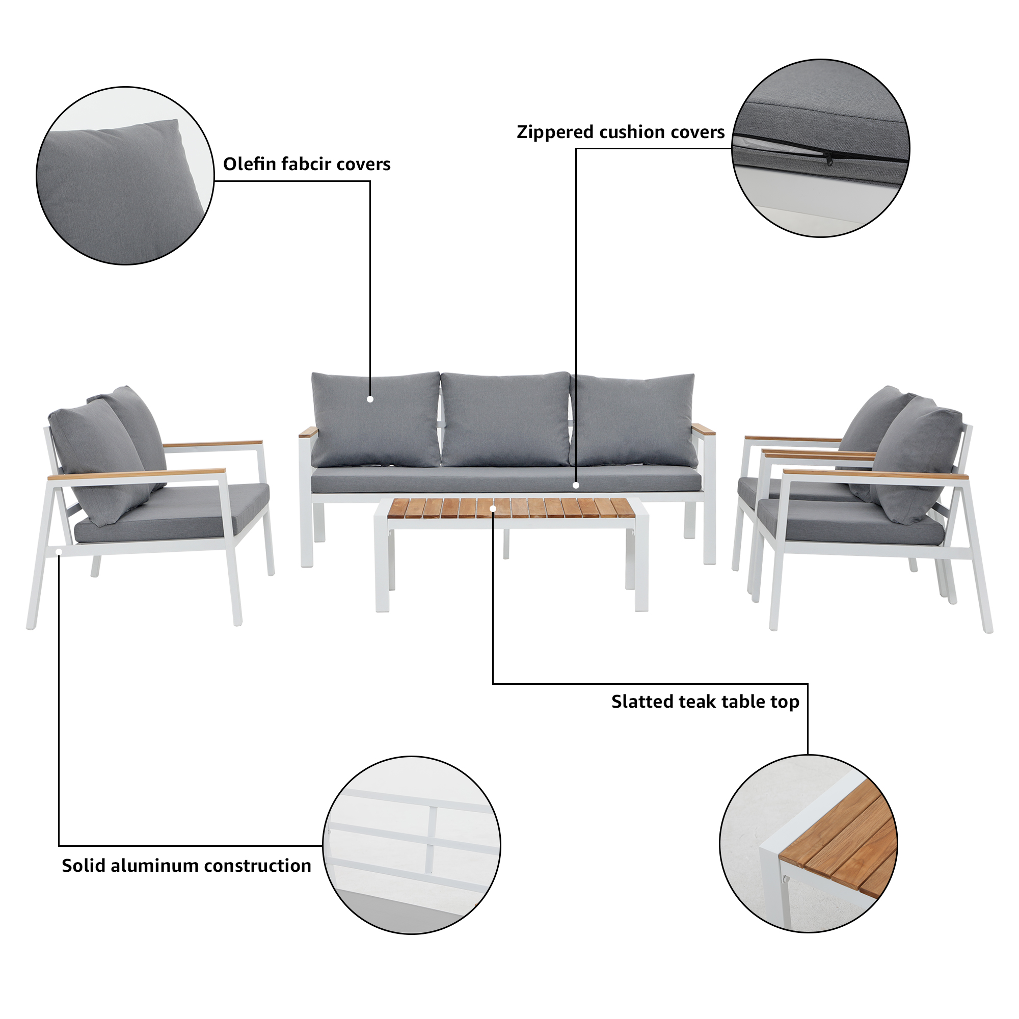 7 Seating Aluminum Patio Furniture Set with Teak Top Coffee Table
