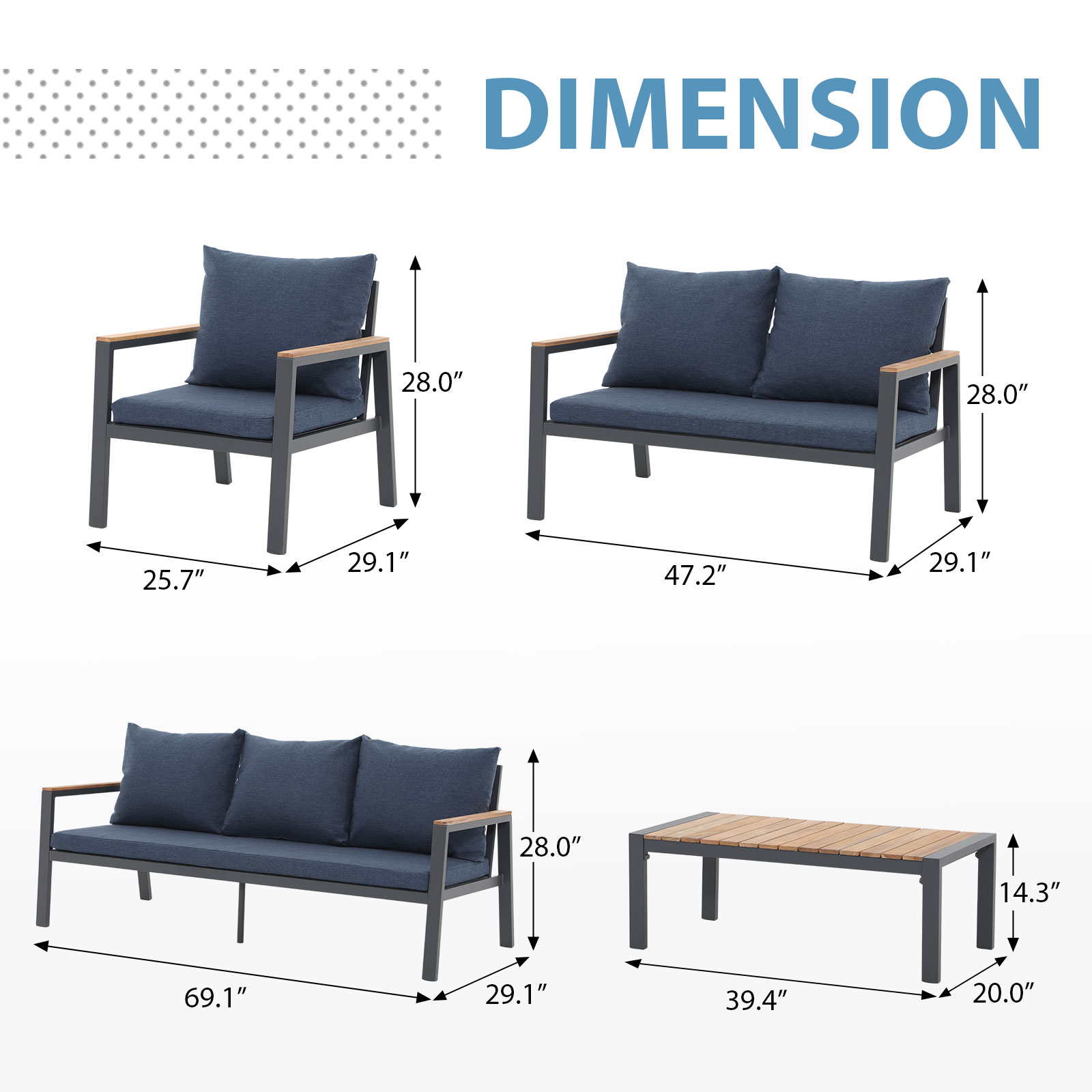 7 Seating Aluminum Patio Furniture Set with Teak Top Coffee Table