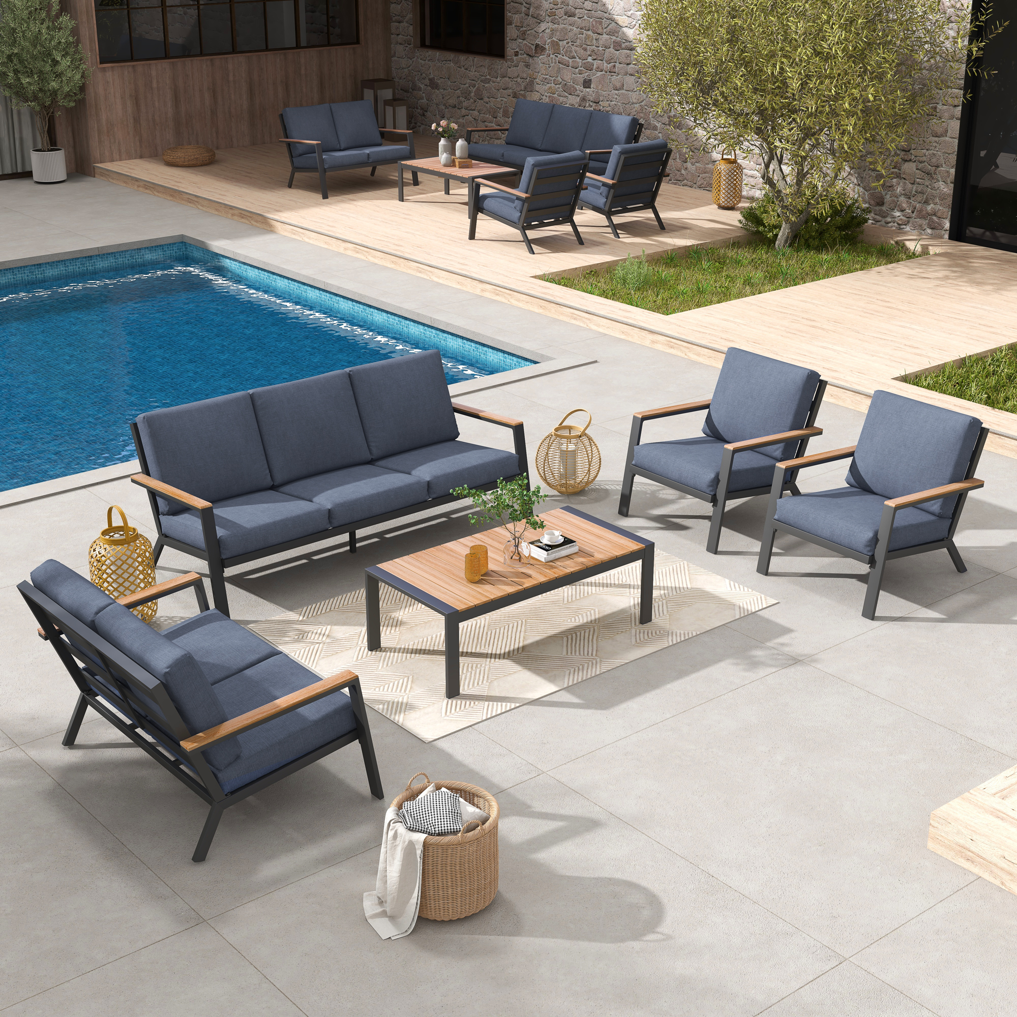 7 Seating Aluminum Patio Furniture Set with Teak Top Coffee Table