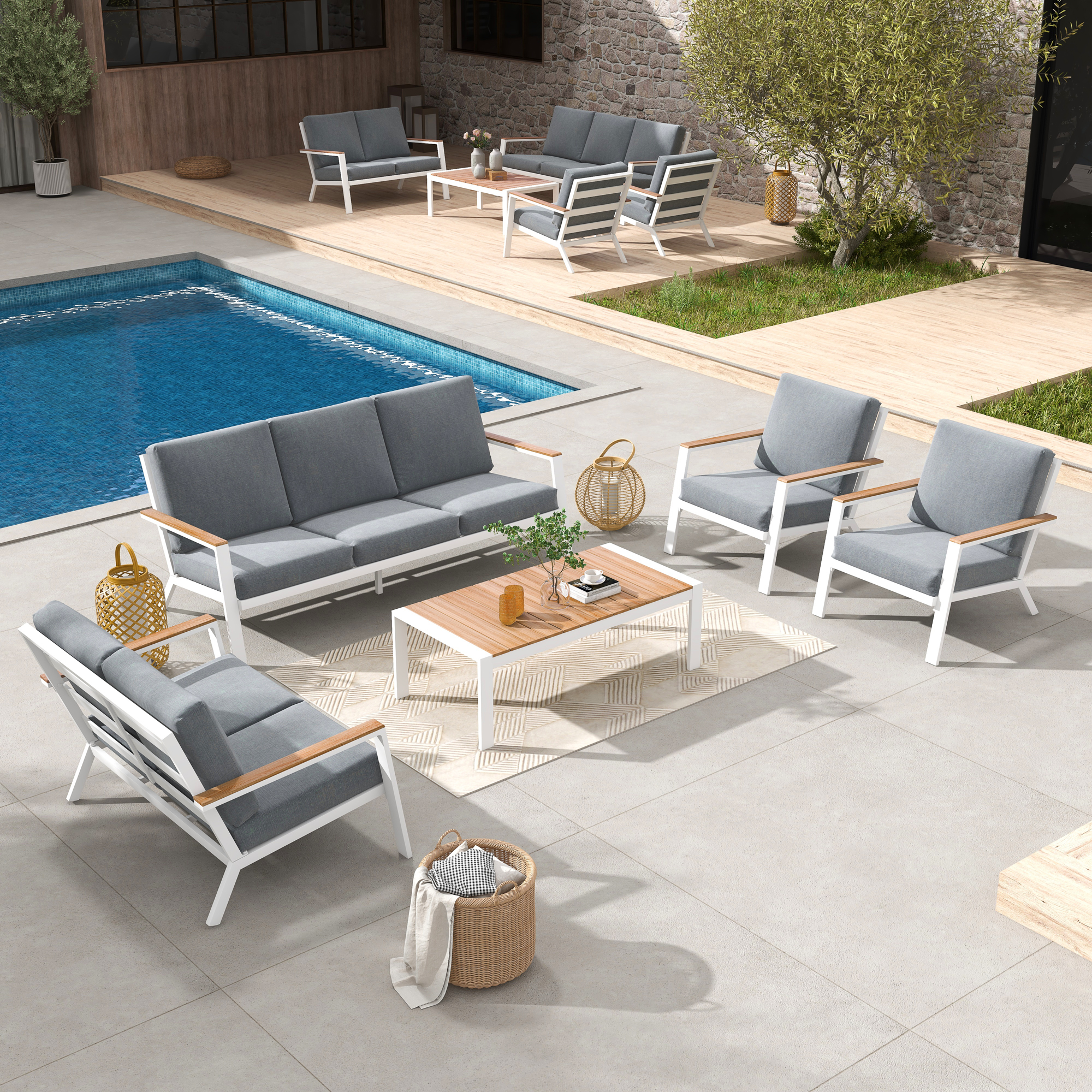 7 Seating Aluminum Patio Furniture Set with Teak Top Coffee Table