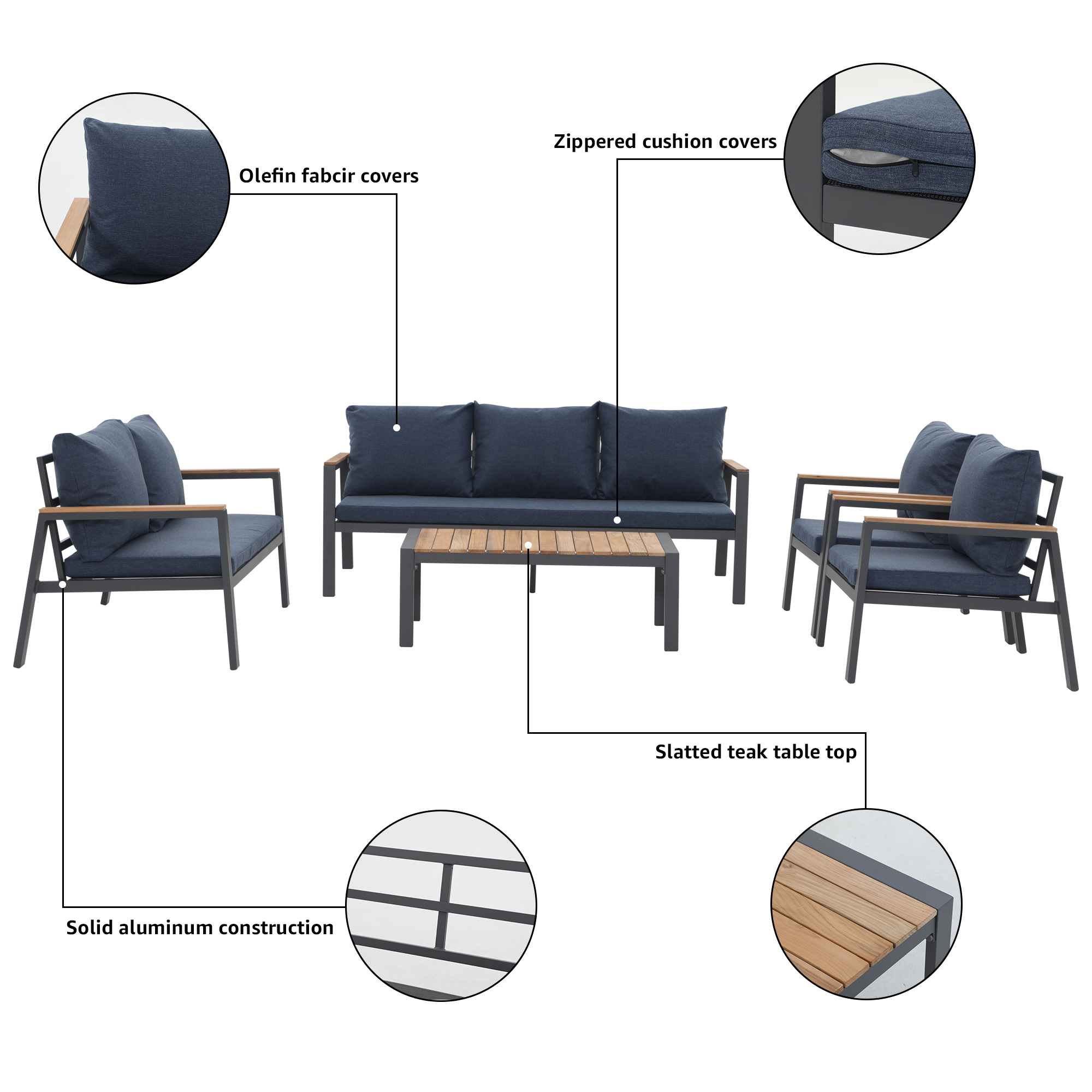 7 Seating Aluminum Patio Furniture Set with Teak Top Coffee Table