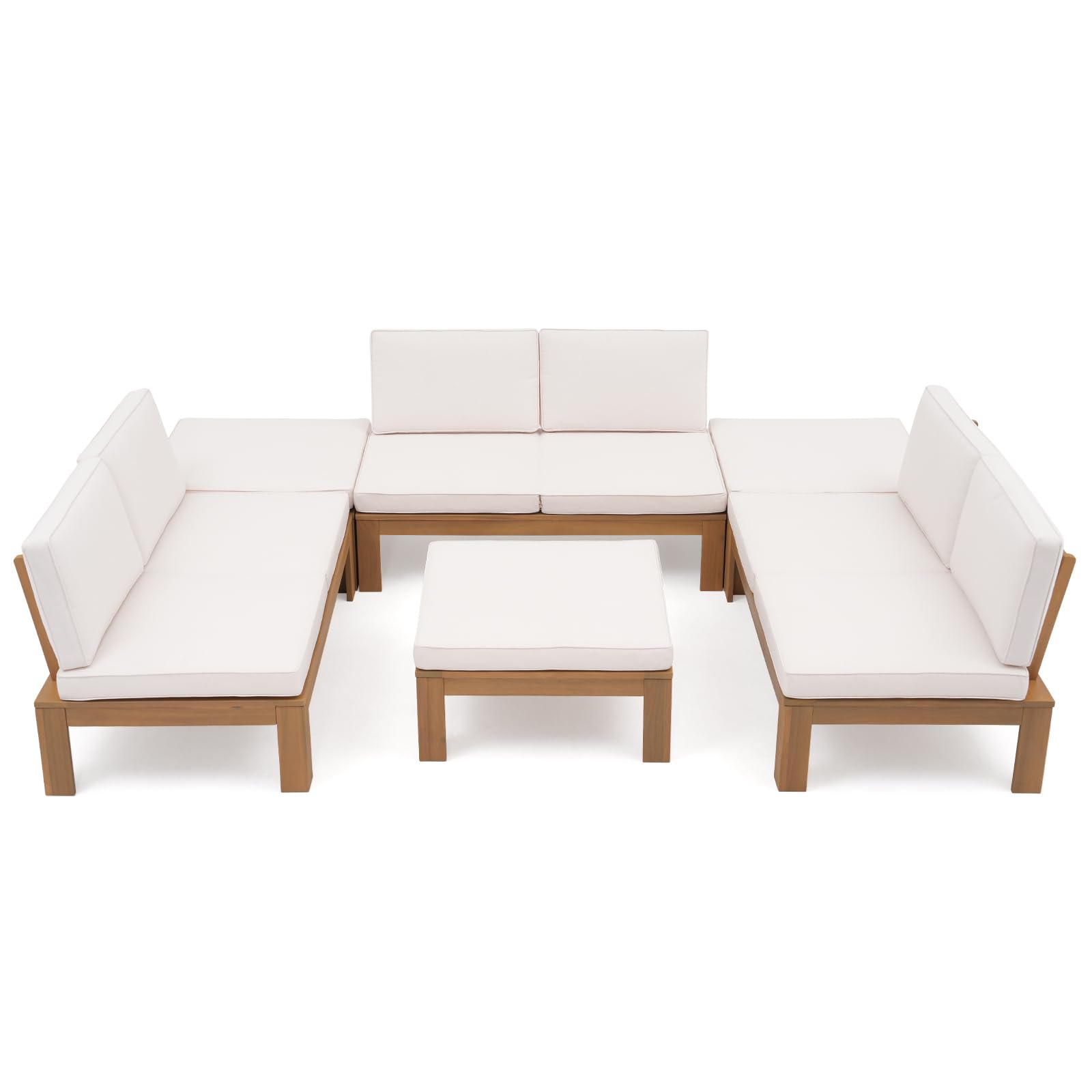 6Pcs Acacia Wood Patio Furniture Outdoor Sectional Sofa Set with Adjustable Armrest, FSC Certified L-Shaped Patio Set