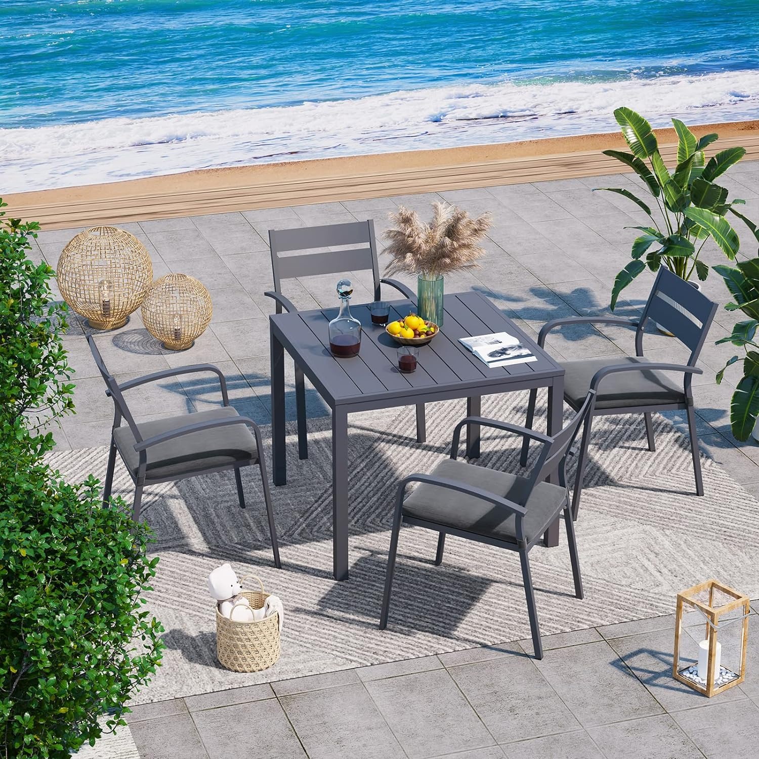 5pcs Aluminum Outdoor Dining Set Small Square Dining Table & Stackable Patio Chairs