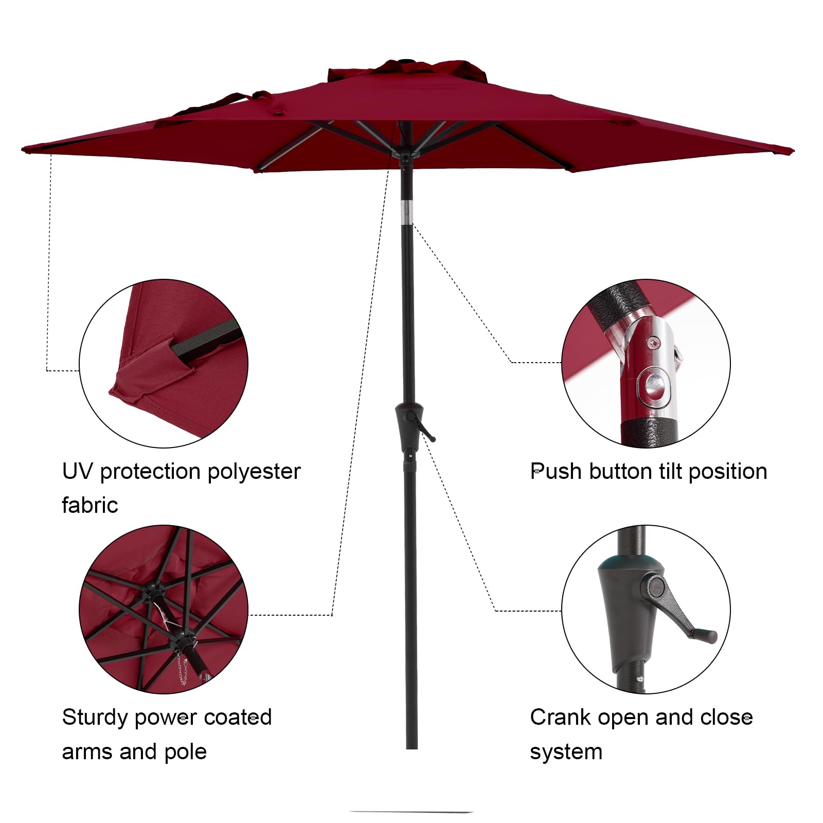 7.5 ft Patio Umbrella Outdoor Table Market Umbrella with Push Button Tilt and Crank, 6 Ribs