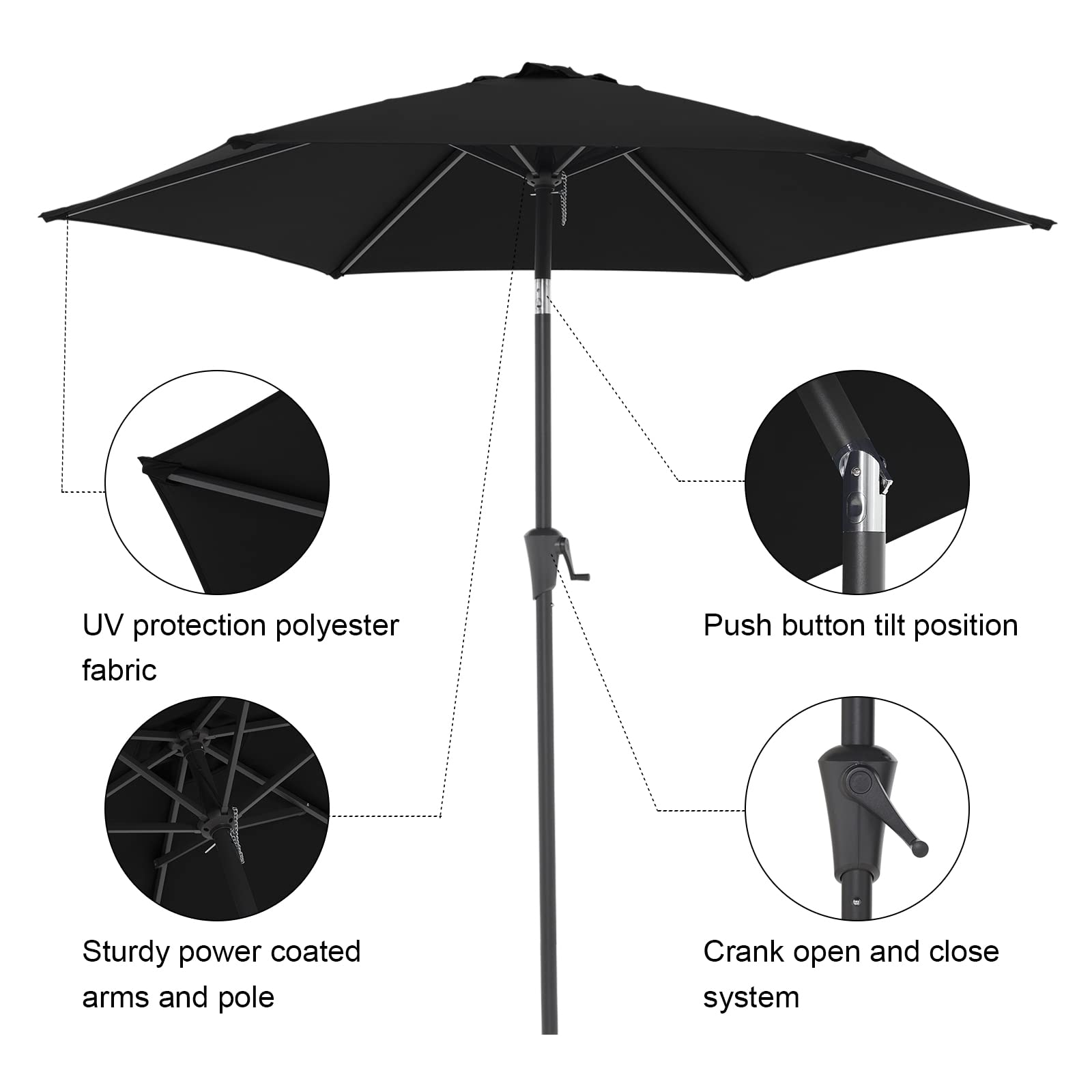 7.5 ft Patio Umbrella Outdoor Table Market Umbrella with Push Button Tilt and Crank, 6 Ribs