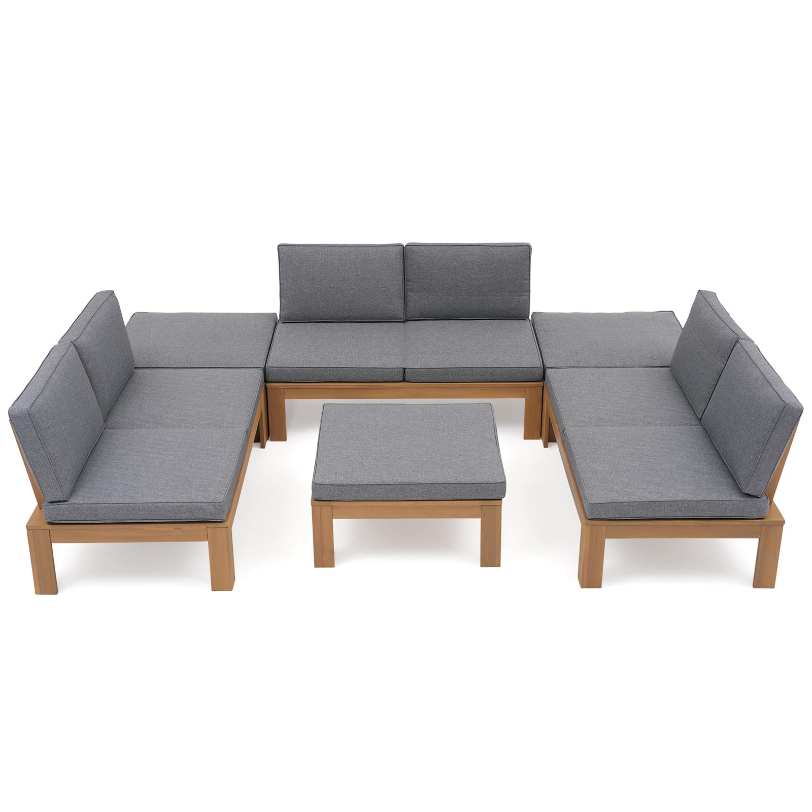 6Pcs Acacia Wood Patio Furniture Outdoor Sectional Sofa Set with Adjustable Armrest, FSC Certified L-Shaped Patio Set