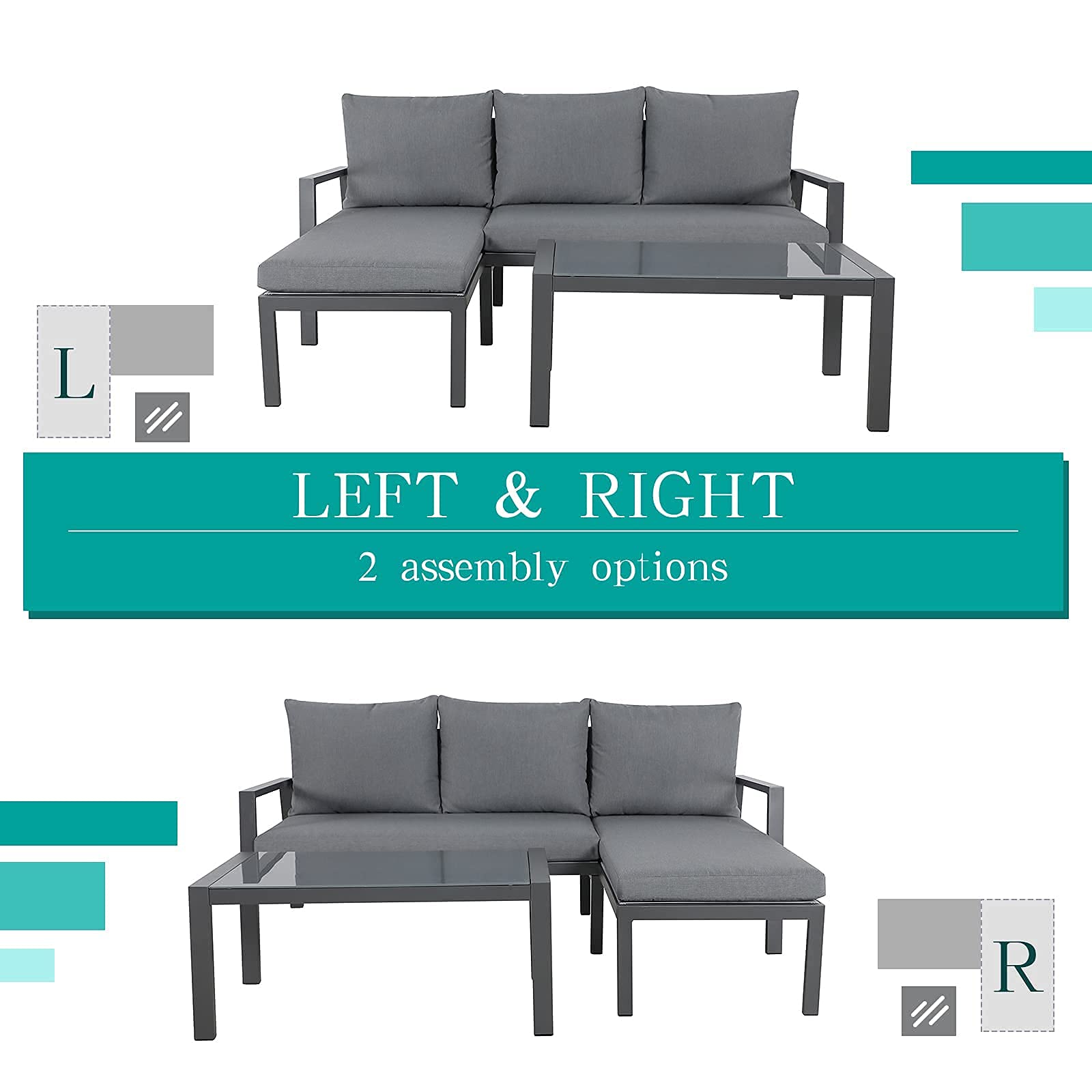 OC ORANGE-CASUAL 3Pcs L-Shaped Aluminum Sofa Set with Glass Coffee Table