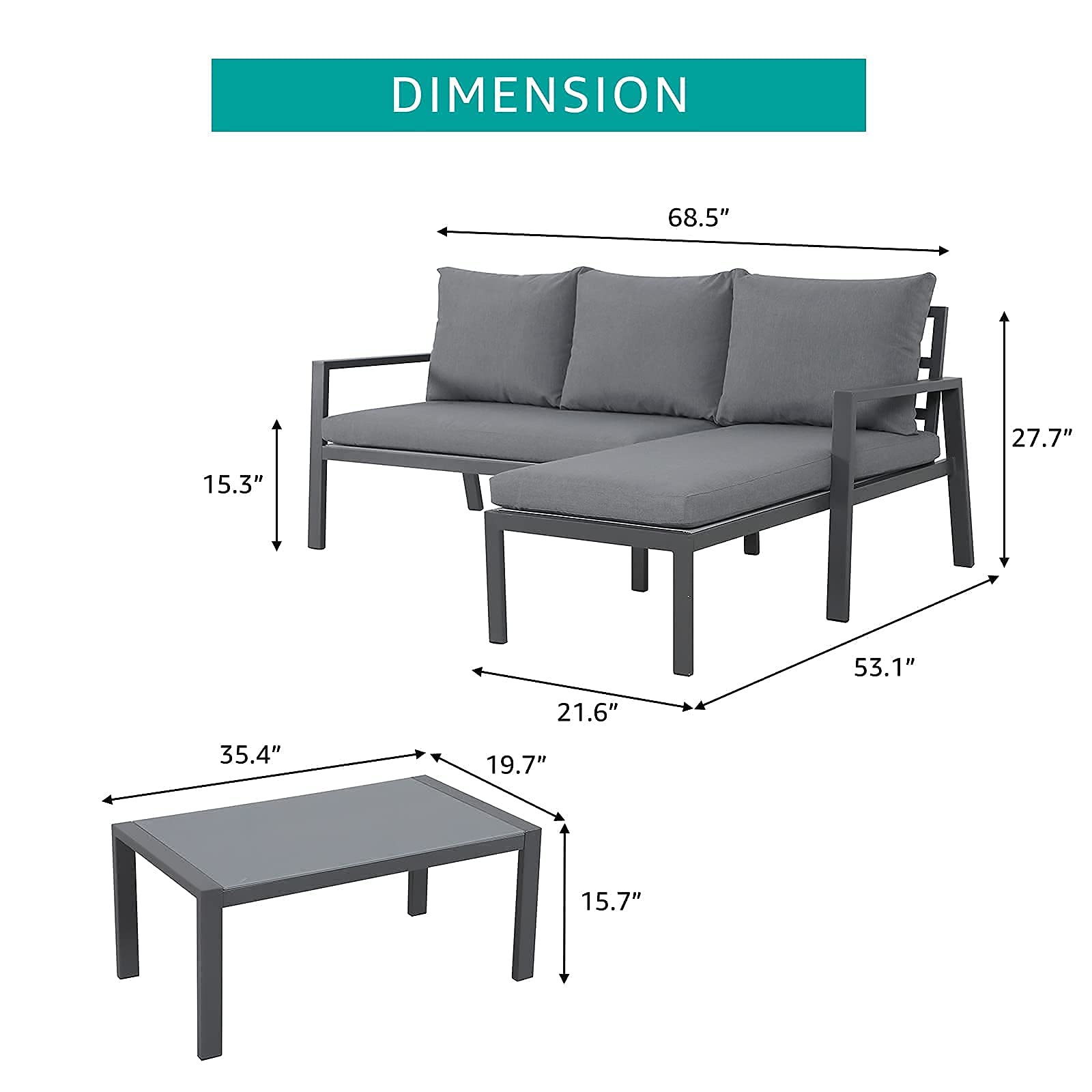 OC ORANGE-CASUAL 3Pcs L-Shaped Aluminum Sofa Set with Glass Coffee Table