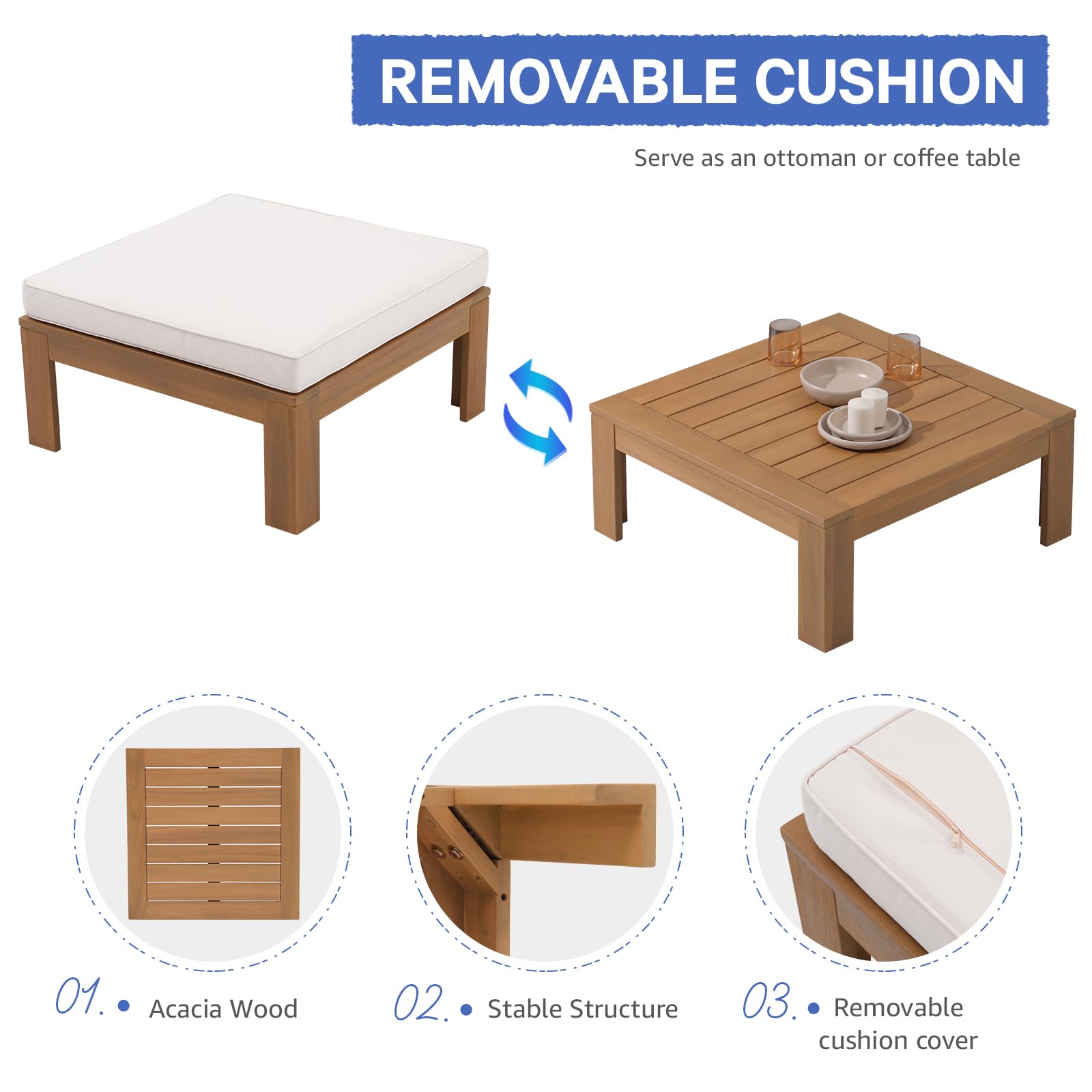 6Pcs Acacia Wood Patio Furniture Outdoor Sectional Sofa Set with Adjustable Armrest, FSC Certified L-Shaped Patio Set