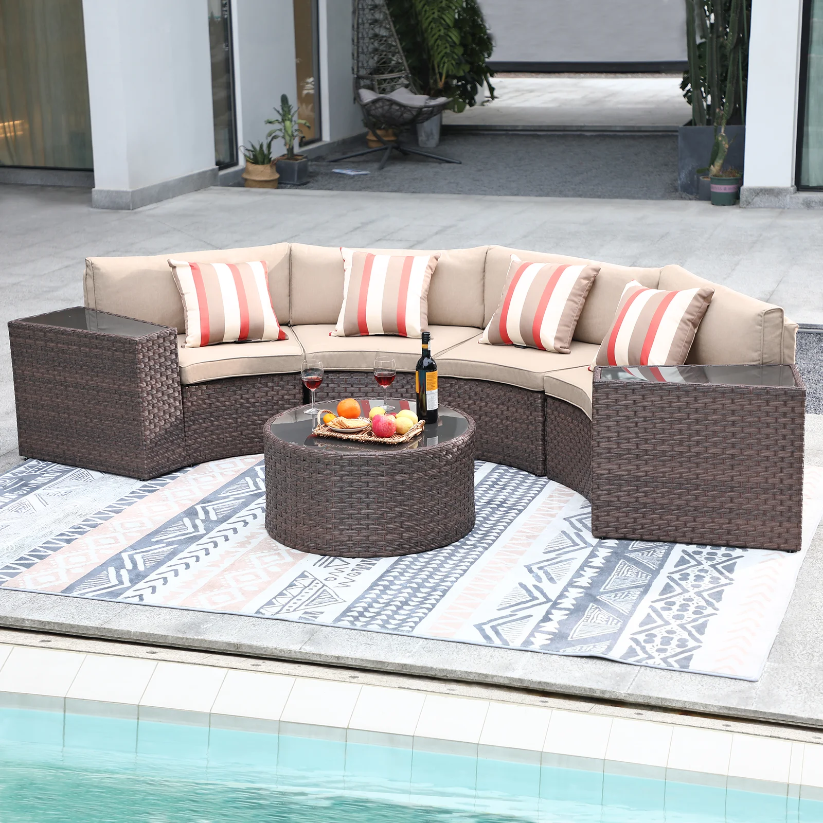 7pcs Outdoor Curved Sofas Wicker Half-Moon Sectional Set, 4 Colors