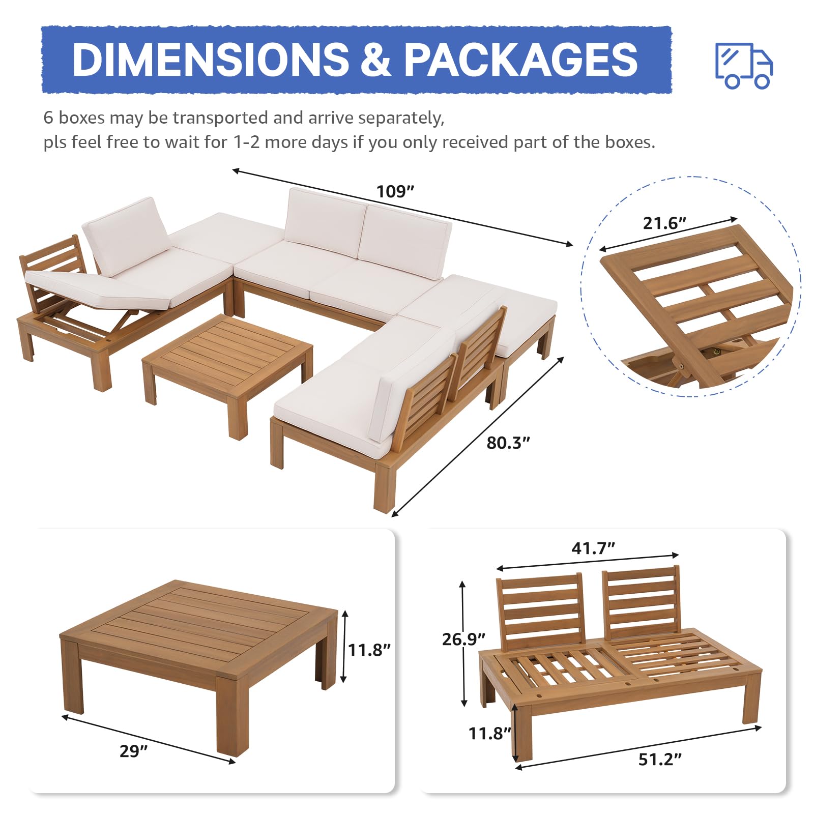 6Pcs Acacia Wood Patio Furniture Outdoor Sectional Sofa Set with Adjustable Armrest, FSC Certified L-Shaped Patio Set