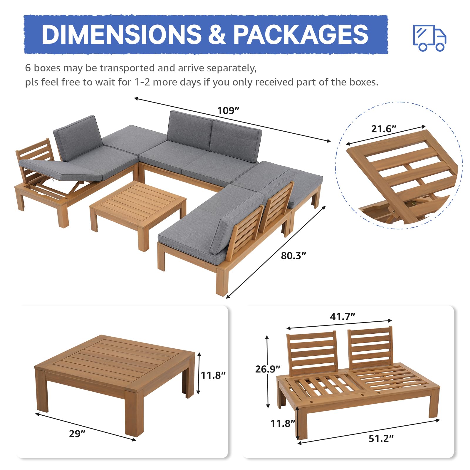 6Pcs Acacia Wood Patio Furniture Outdoor Sectional Sofa Set with Adjustable Armrest, FSC Certified L-Shaped Patio Set