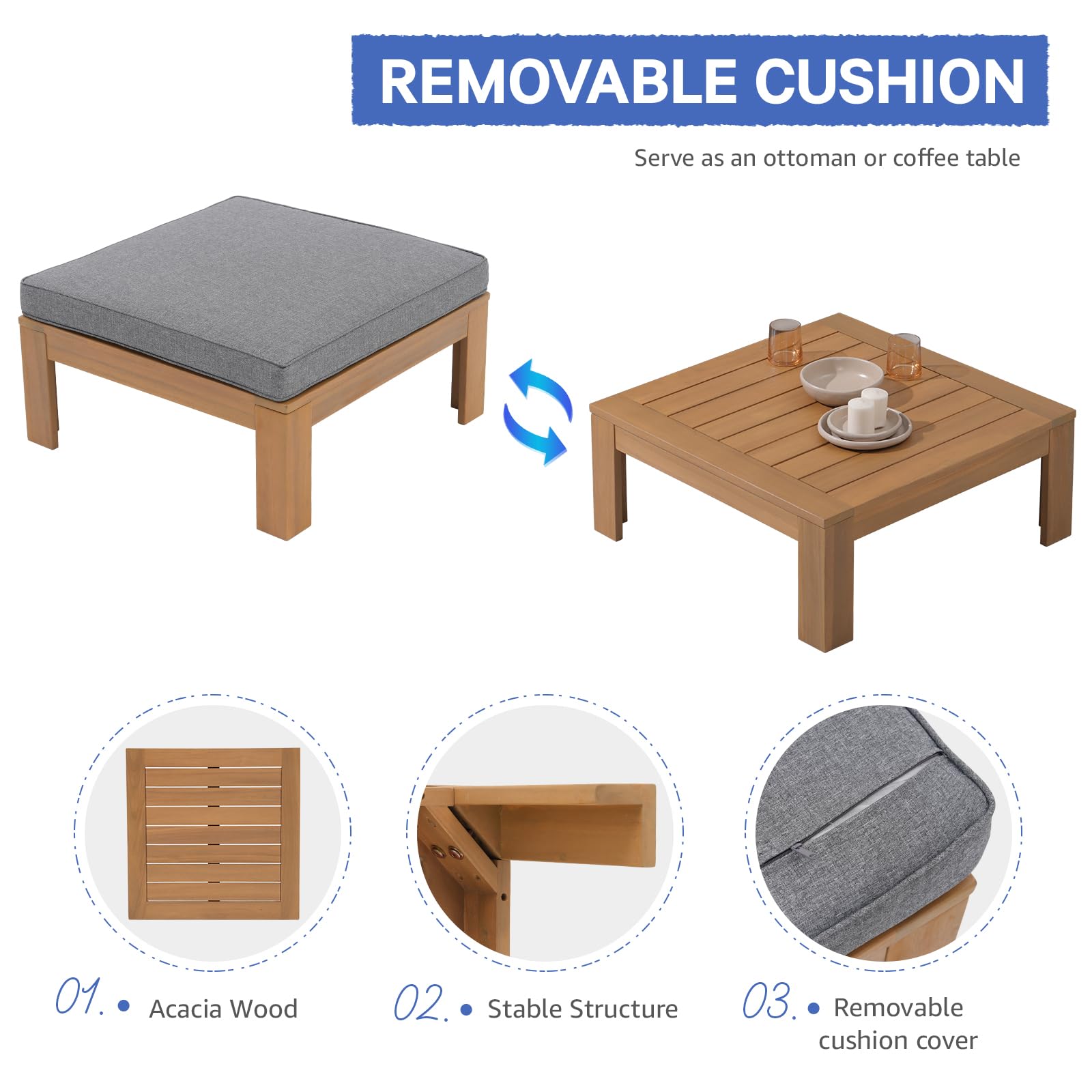 6Pcs Acacia Wood Patio Furniture Outdoor Sectional Sofa Set with Adjustable Armrest, FSC Certified L-Shaped Patio Set