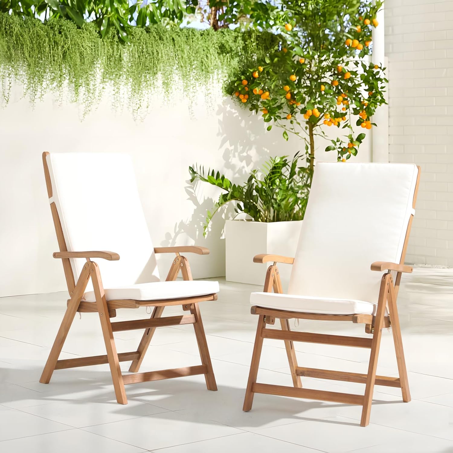 OC ORANGE-CASUAL 2Pcs Foldable & Adjustable Acacia Wood Patio Dining Chairs Outdoor Reclining Chairs with Cushions
