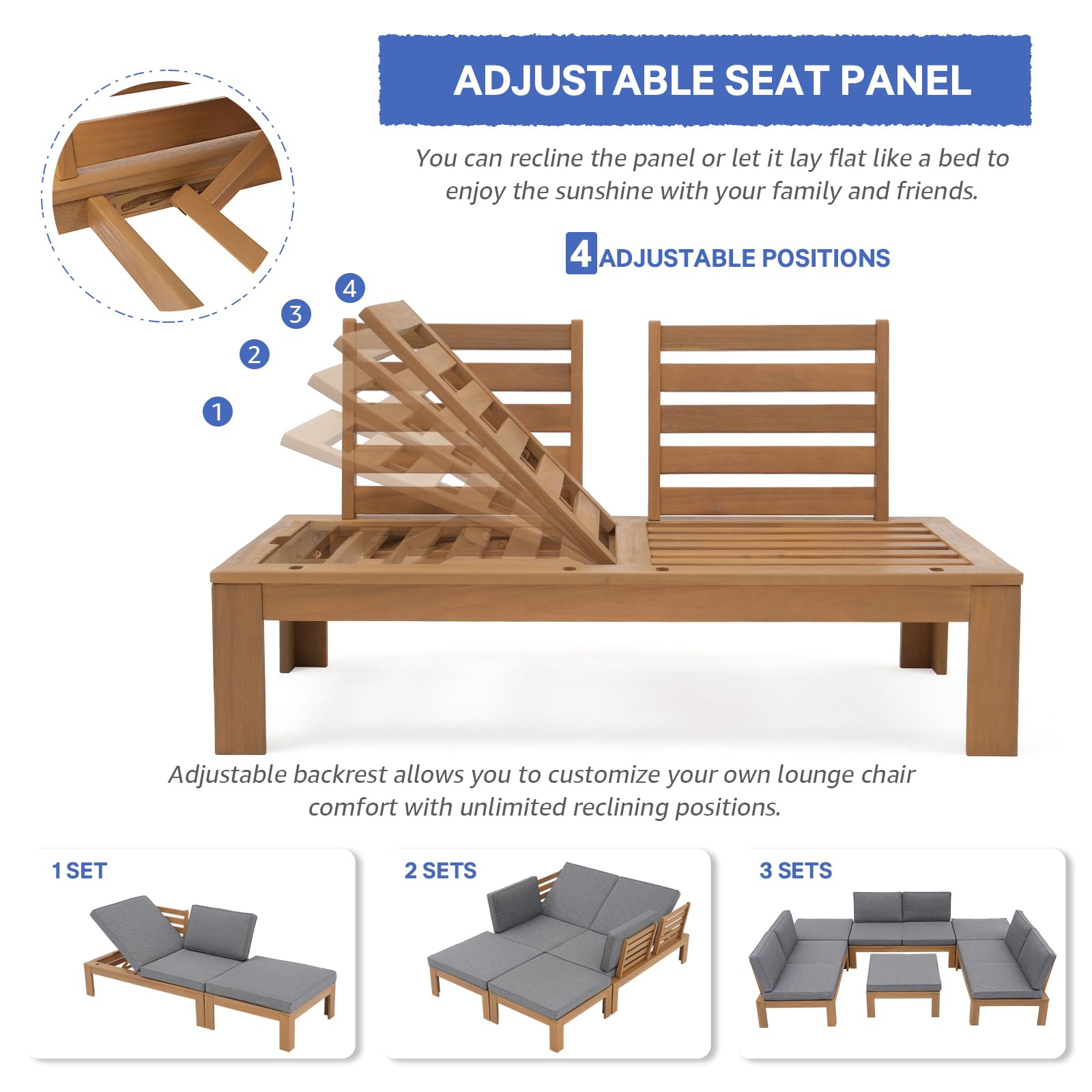 6Pcs Acacia Wood Patio Furniture Outdoor Sectional Sofa Set with Adjustable Armrest, FSC Certified L-Shaped Patio Set