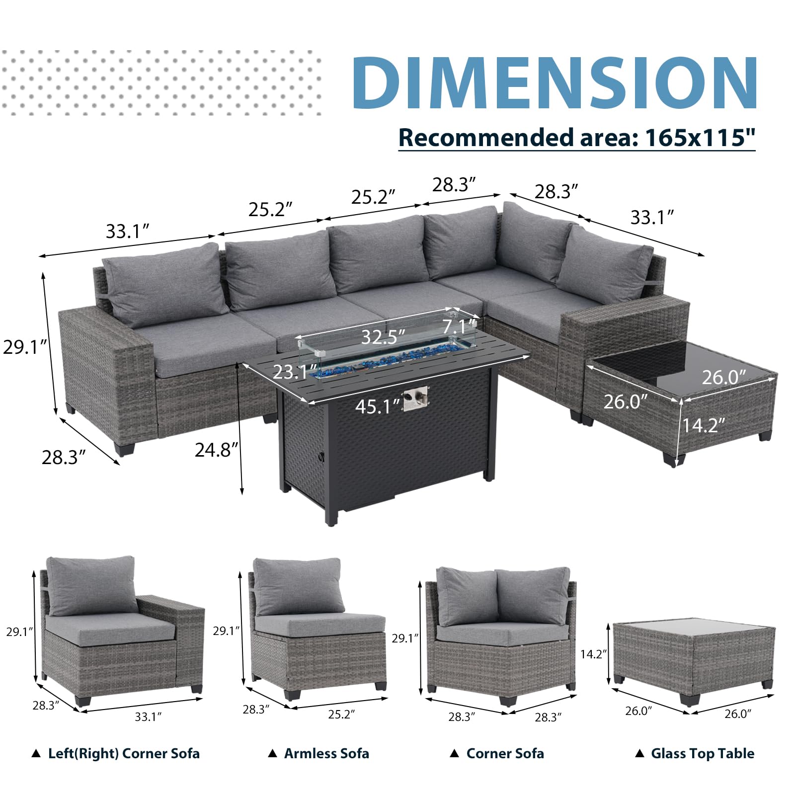 7Pcs L-Shaped Patio Sofa Set with Fire Pit Table Wicker Outdoor Sectional