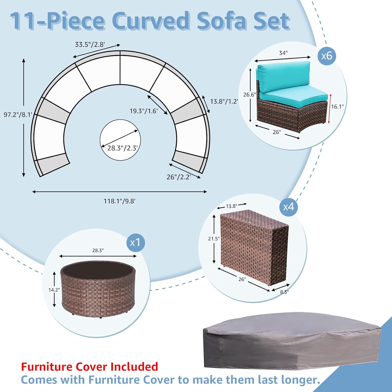 11pcs Outdoor Curved Sofas Wicker Half-Moon Sectional Set, 4 Colors