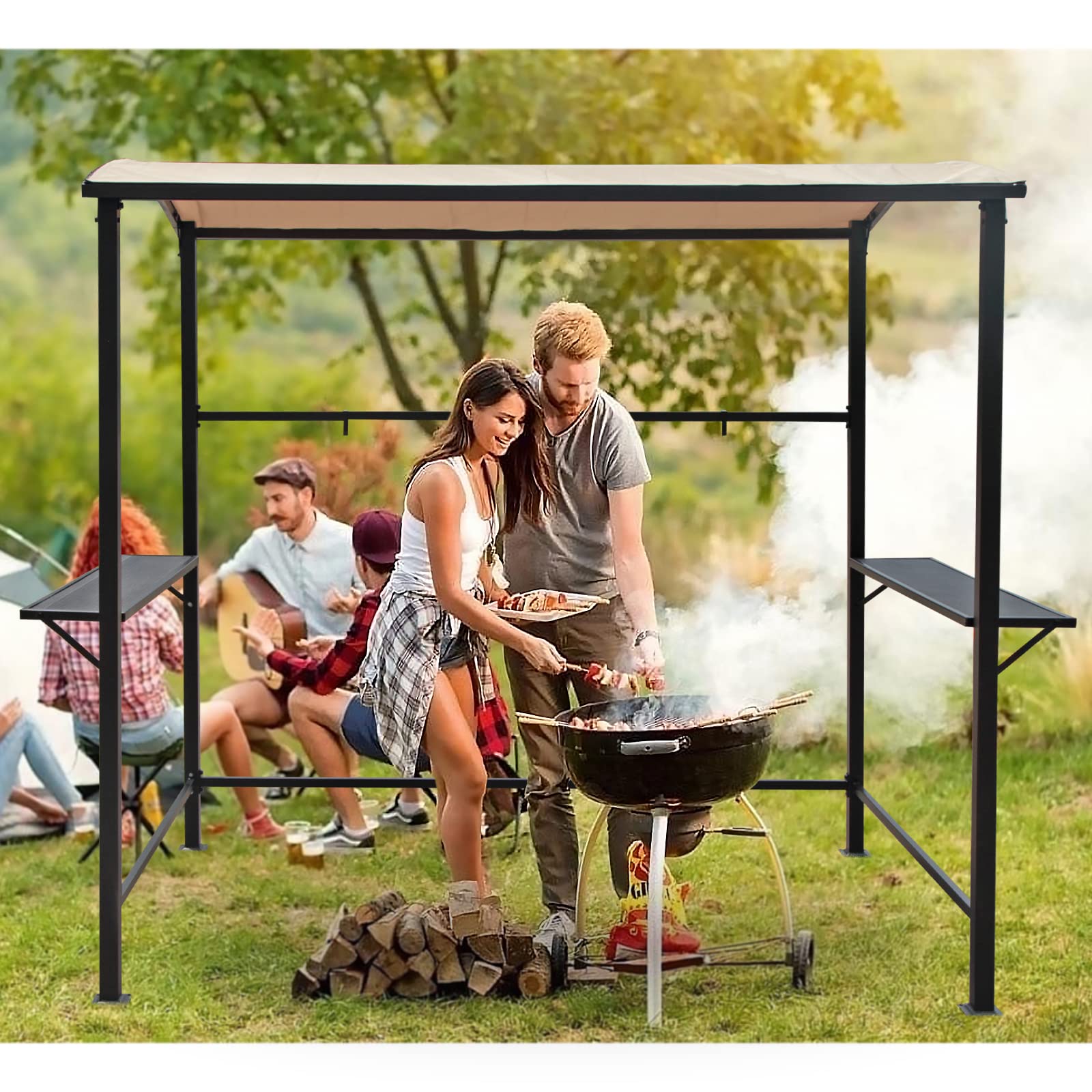 8’ X 4.6' Grill Gazebo with Single-Tier Soft Polyester Top and Metal Shelves, Beige