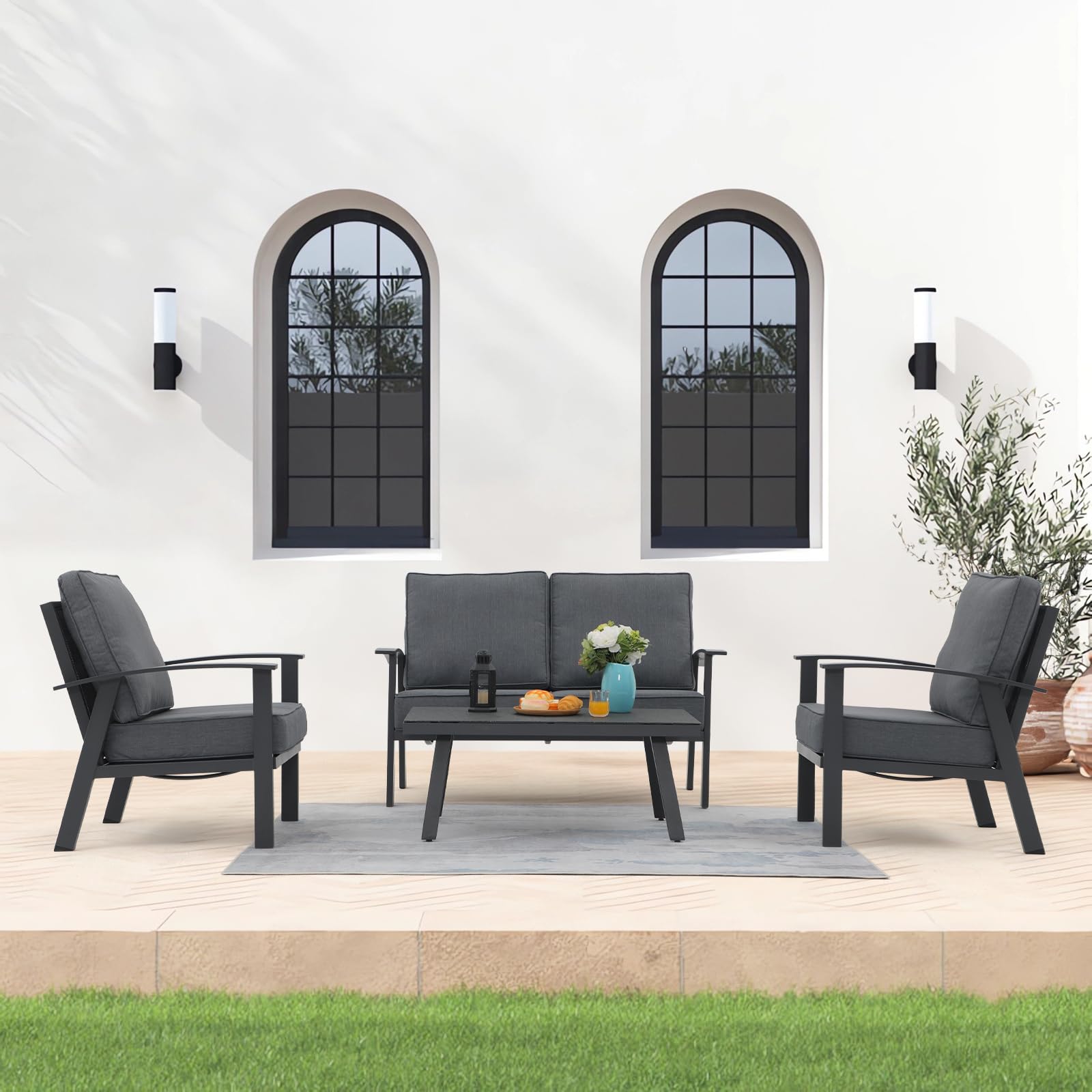 4Pcs Aluminum Outdoor Conversation Set With Cushions And Coffee Table