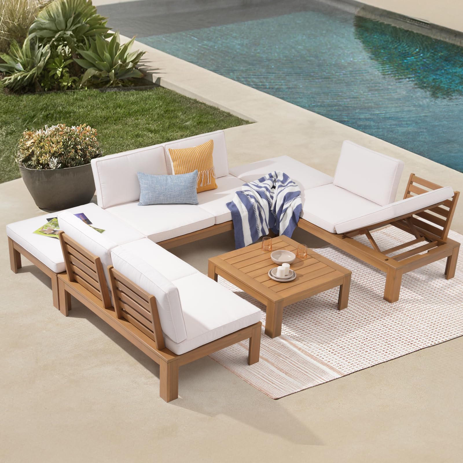 6Pcs Acacia Wood Patio Furniture Outdoor Sectional Sofa Set with Adjustable Armrest, FSC Certified L-Shaped Patio Set