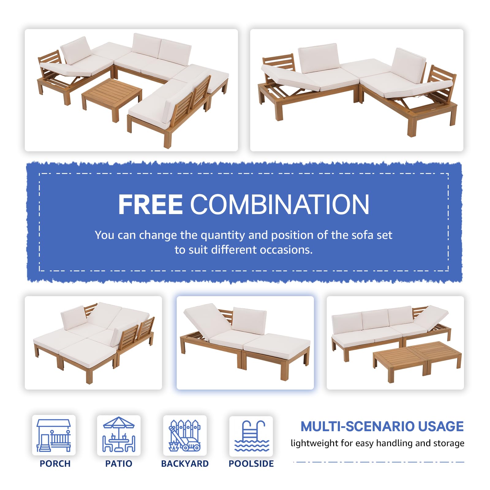 6Pcs Acacia Wood Patio Furniture Outdoor Sectional Sofa Set with Adjustable Armrest, FSC Certified L-Shaped Patio Set