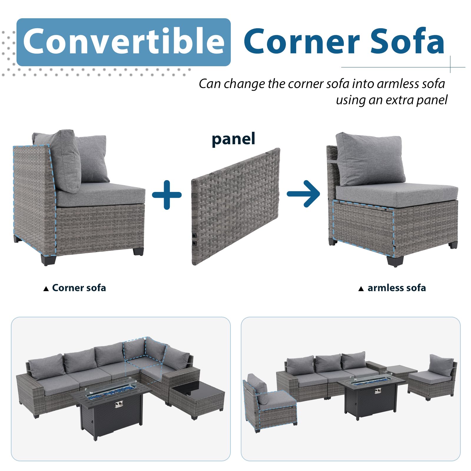 7Pcs L-Shaped Patio Sofa Set with Fire Pit Table Wicker Outdoor Sectional