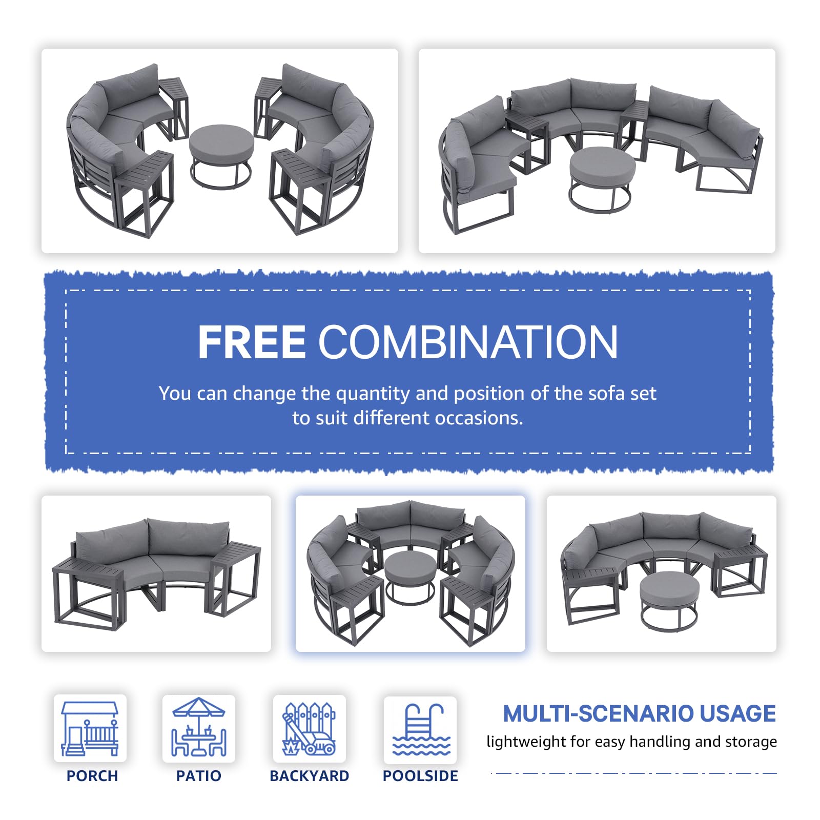 Aluminum Curved Outdoor Sofa Set, Half-Moon Outdoor Sectional Set w/ Round Coffee Table