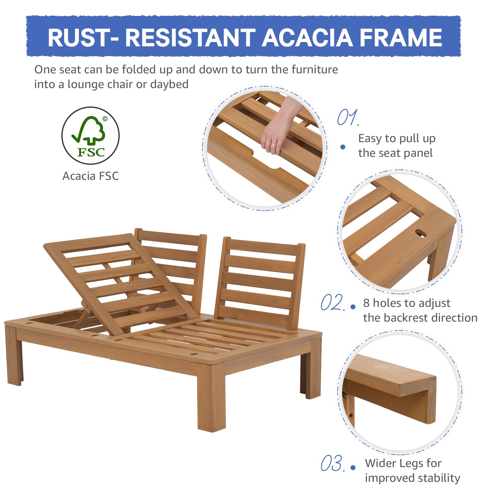 6Pcs Acacia Wood Patio Furniture Outdoor Sectional Sofa Set with Adjustable Armrest, FSC Certified L-Shaped Patio Set