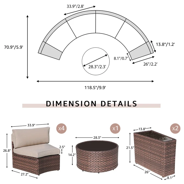 5-13 pcs Curved Outdoor Sectionals, Outdoor Curved Sofas, Brown & Beige