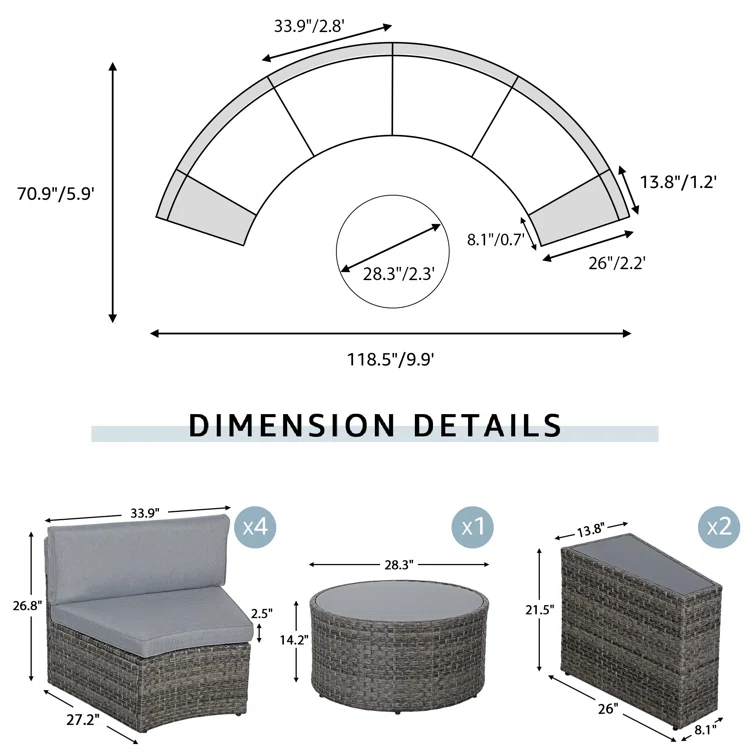 5-13 pcs Outdoor Curved Sofas, Curved Outdoor Sectionals, Grey
